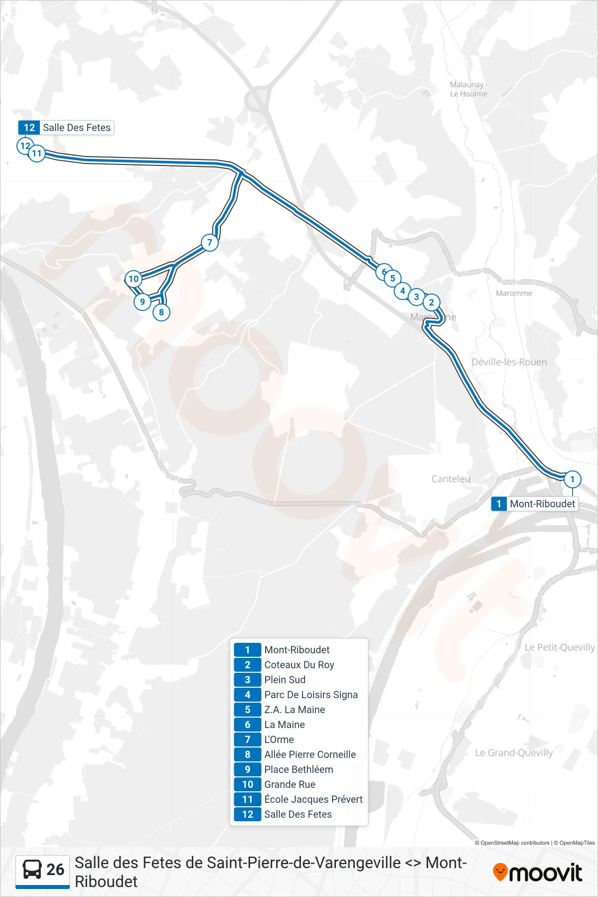 Tracé et arrêts de la ligne 26 de bus (Salle Des Fetes) sur une carte