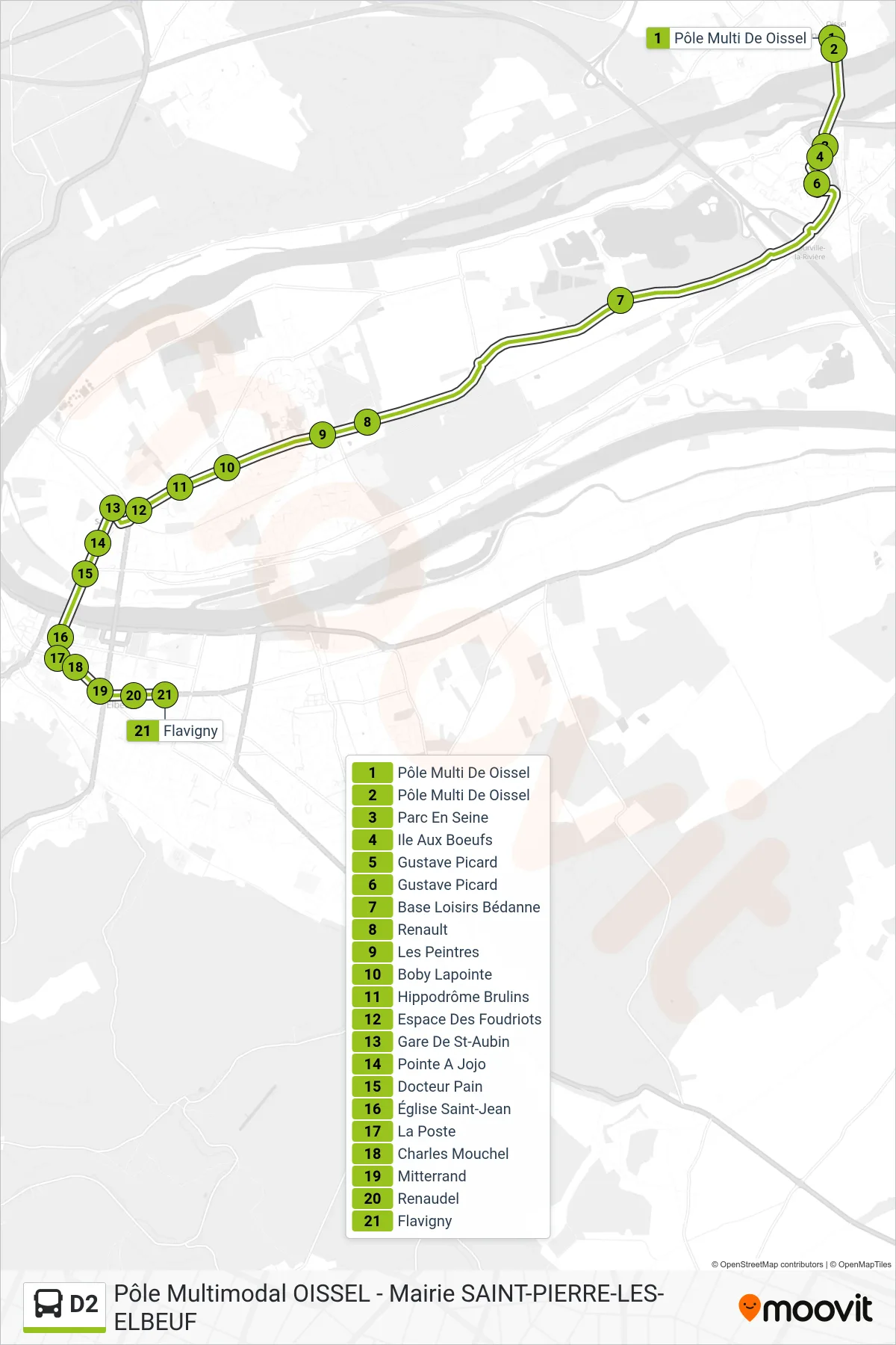 Tracé et arrêts de la ligne D2 de bus (Flavigny) sur une carte