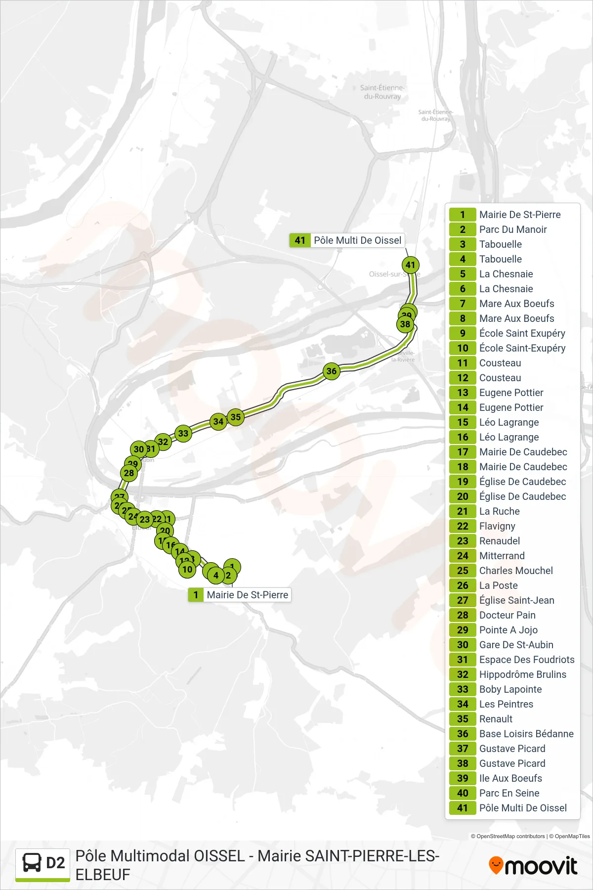 Tracé et arrêts de la ligne D2 de bus (Pôle Multimodal De Oissel) sur une carte