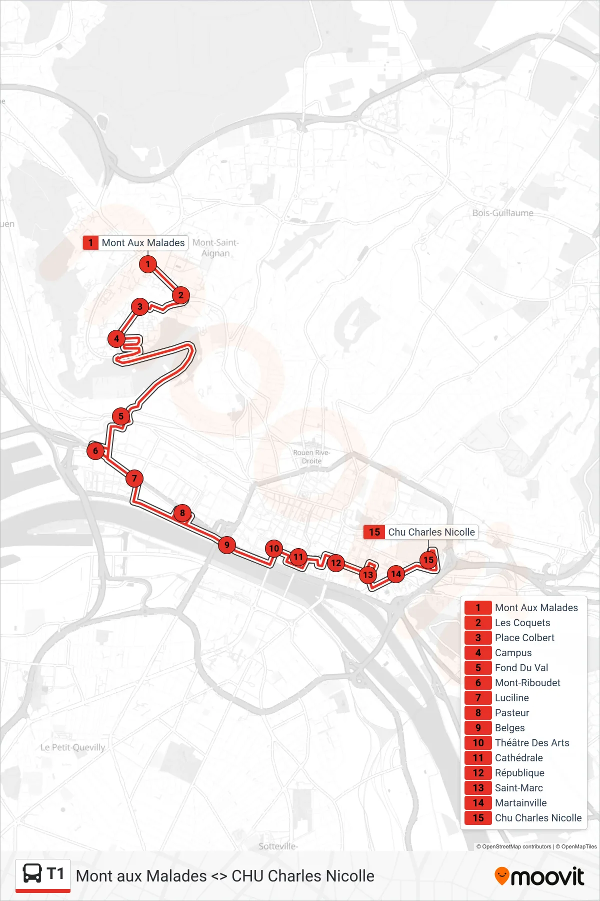 Tracé et arrêts de la ligne T1 de bus (Chu Charles Nicolle Rouen) sur une carte