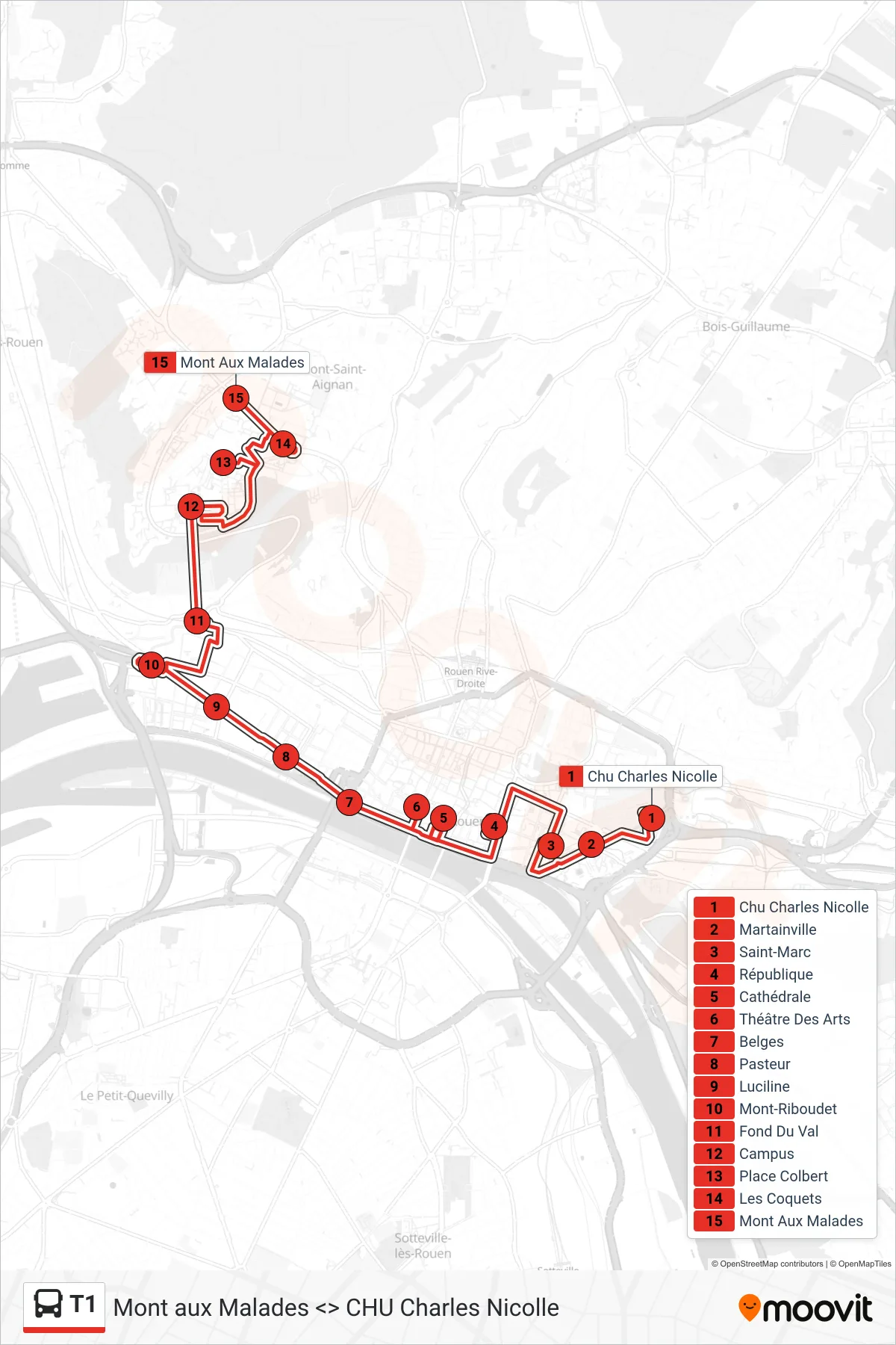 Tracé et arrêts de la ligne T1 de bus (Mont Aux Malades Mont-Saint-Aignan) sur une carte