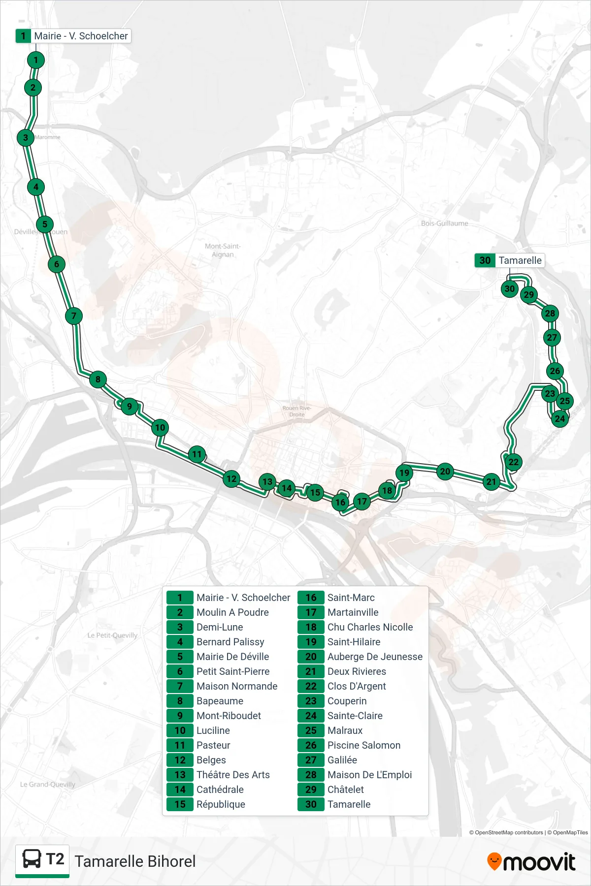 Tracé et arrêts de la ligne T2 de bus (Tamarelle Bihorel) sur une carte