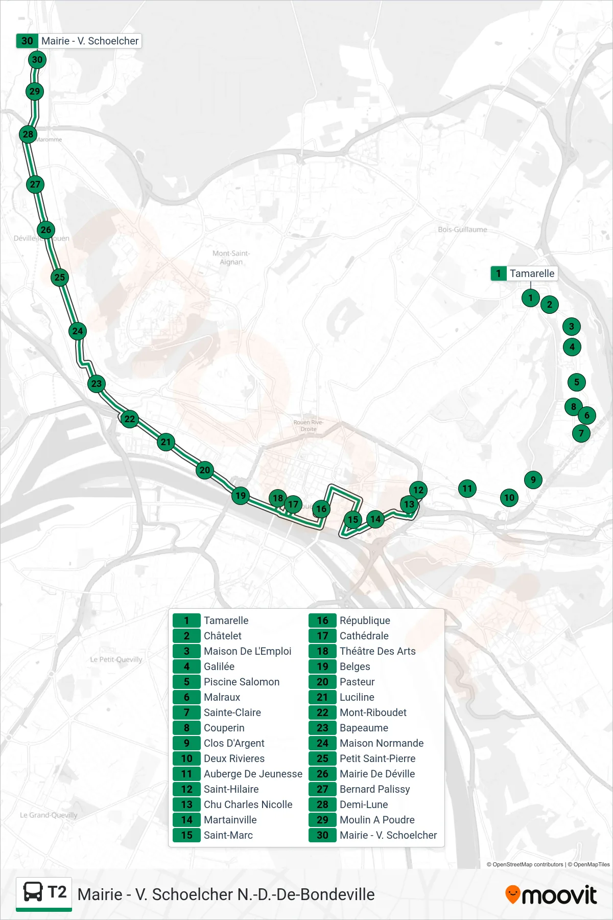 Tracé et arrêts de la ligne T2 de bus (Mairie - V. Schoelcher N.-D.-De-Bondeville) sur une carte