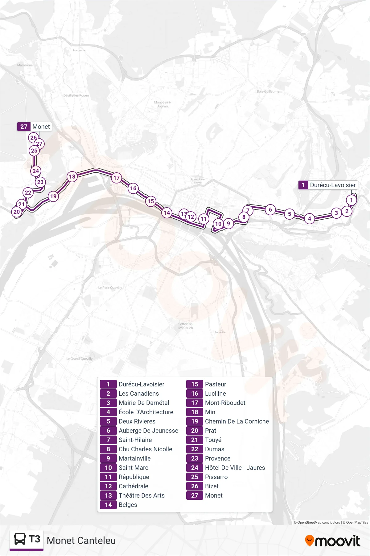 Tracé et arrêts de la ligne T3 de bus (Monet Canteleu) sur une carte