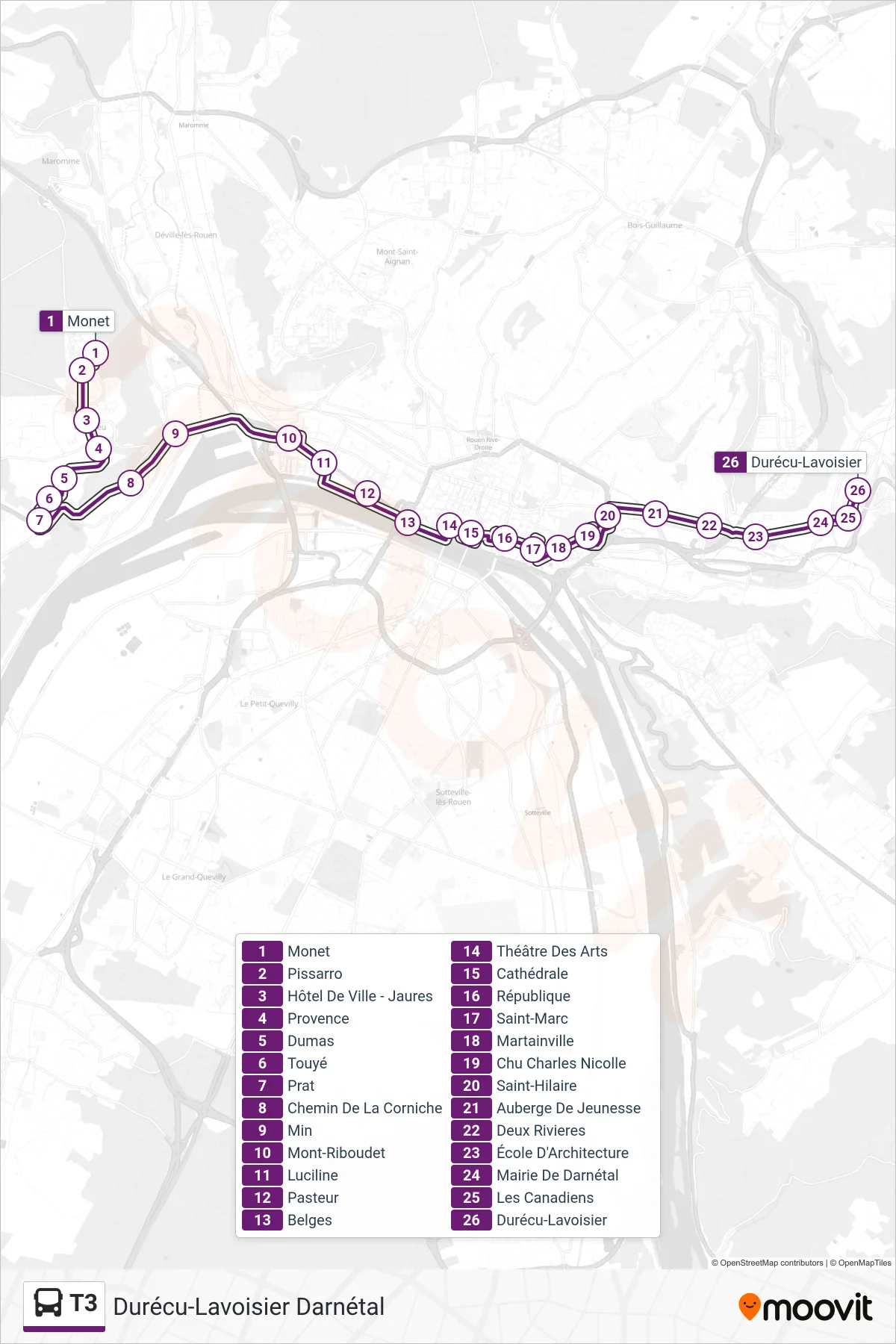 Tracé et arrêts de la ligne T3 de bus (Durécu-Lavoisier Darnétal) sur une carte
