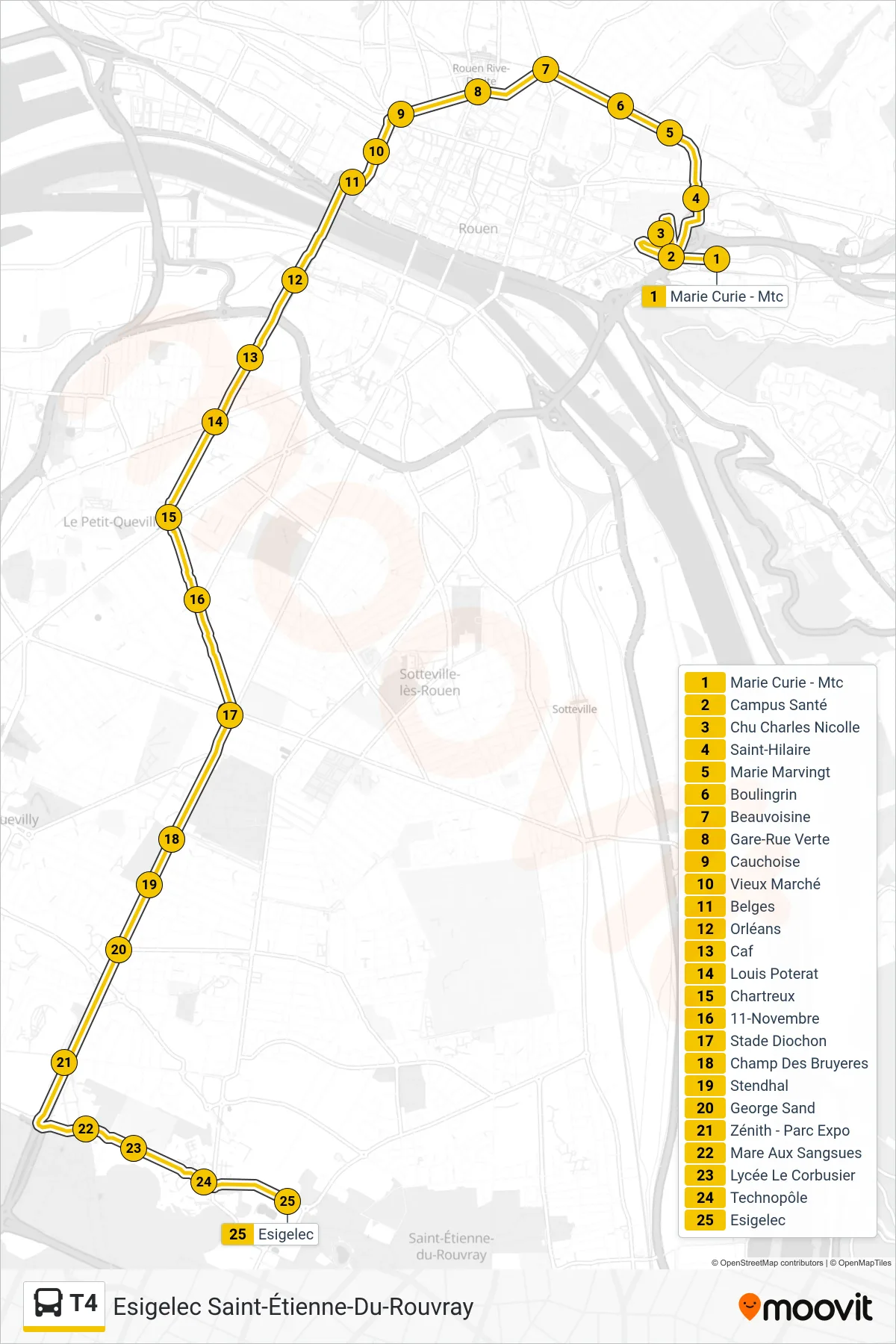 Tracé et arrêts de la ligne T4 de bus (Esigelec Saint-Étienne-Du-Rouvray) sur une carte