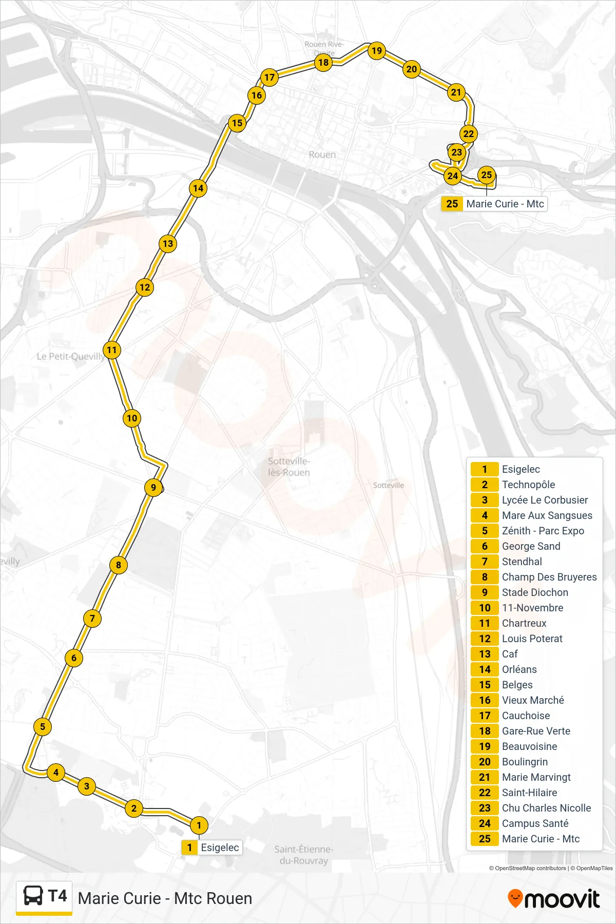 Tracé et arrêts de la ligne T4 de bus (Marie Curie - Mtc Rouen) sur une carte