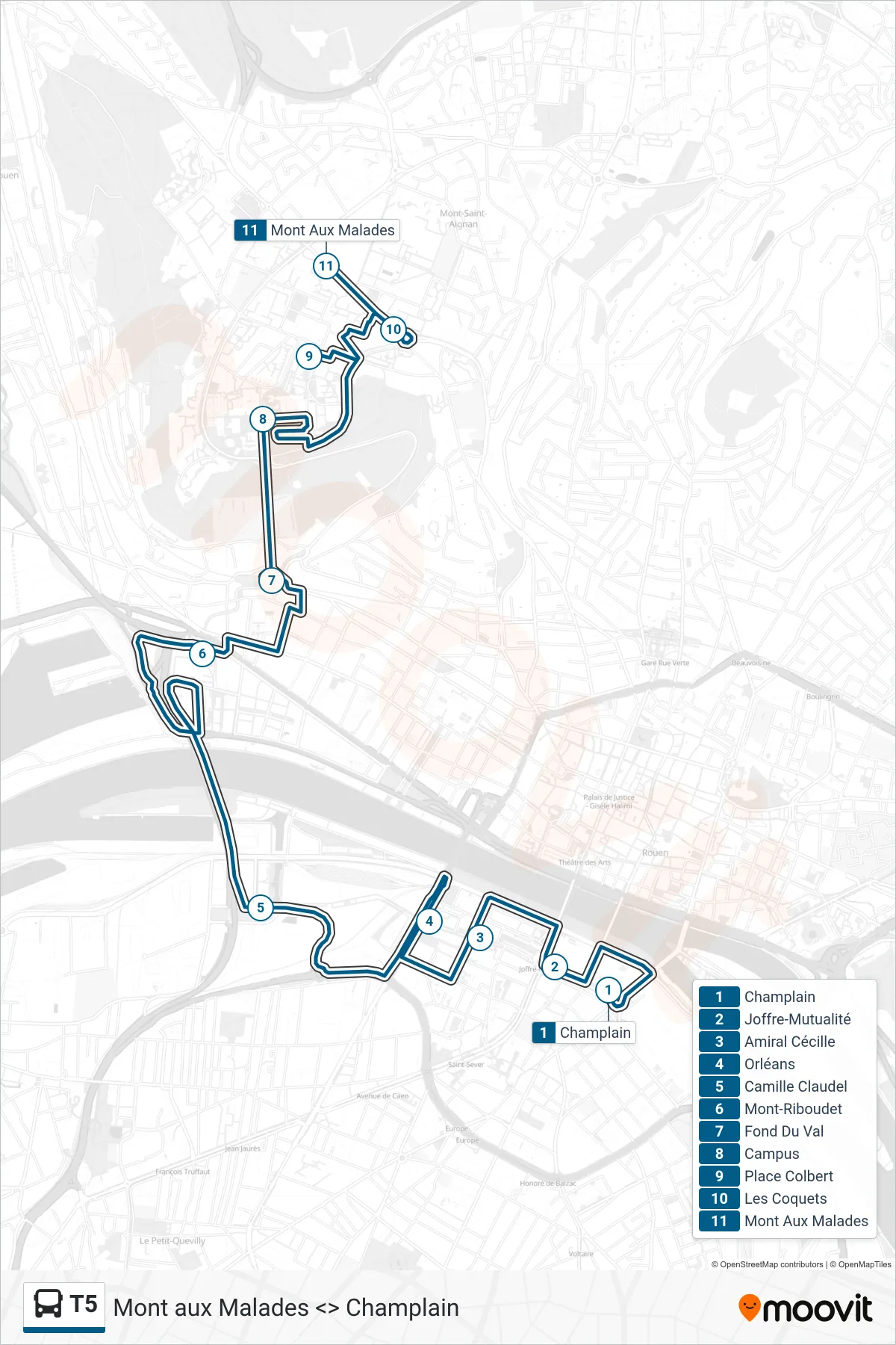 Tracé et arrêts de la ligne T5 de bus (Mont Aux Malades Mont-Saint-Aignan) sur une carte
