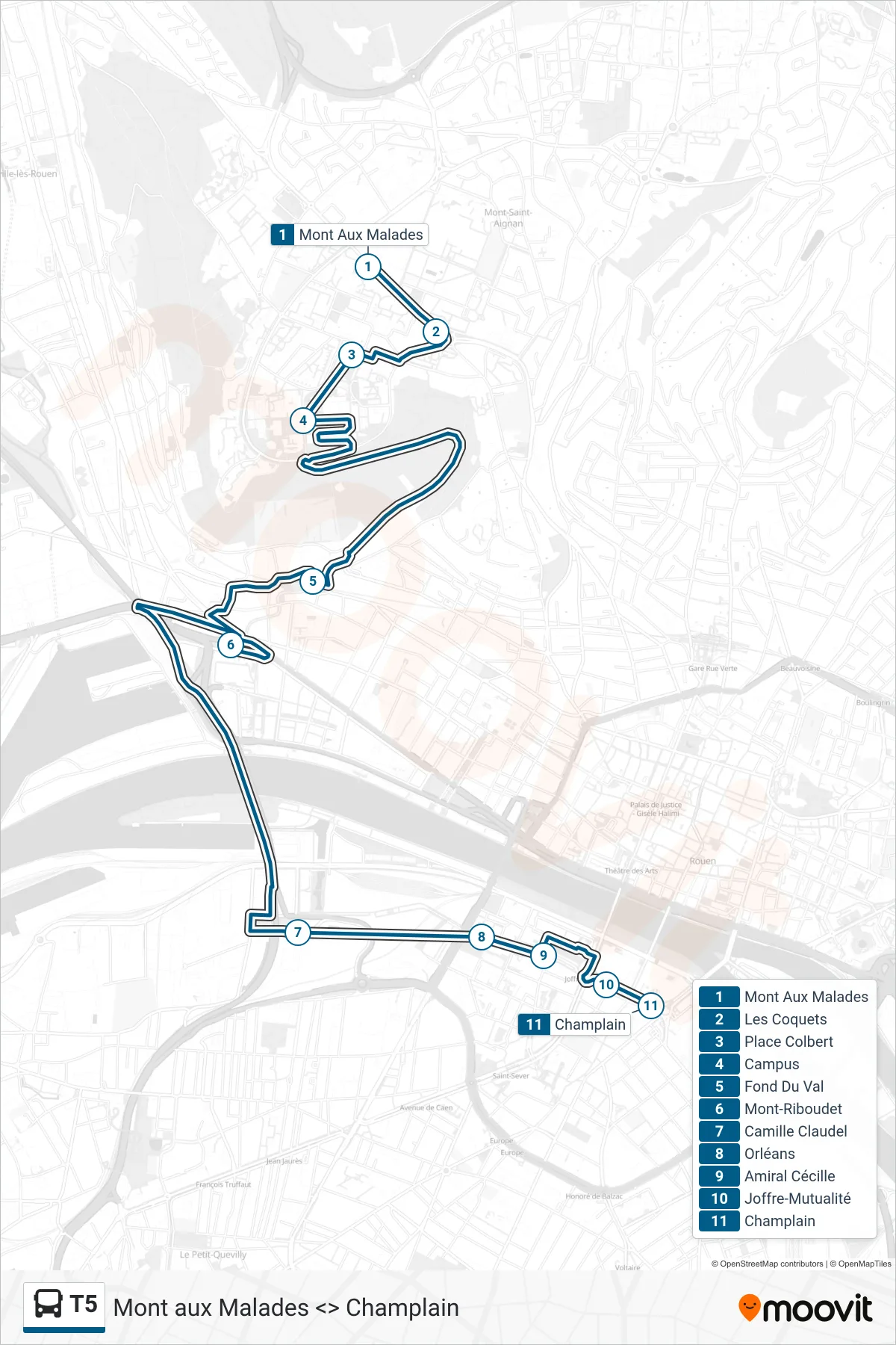 Recorrido y paradas de la línea T5 de autobús (Champlain Rouen) en el mapa