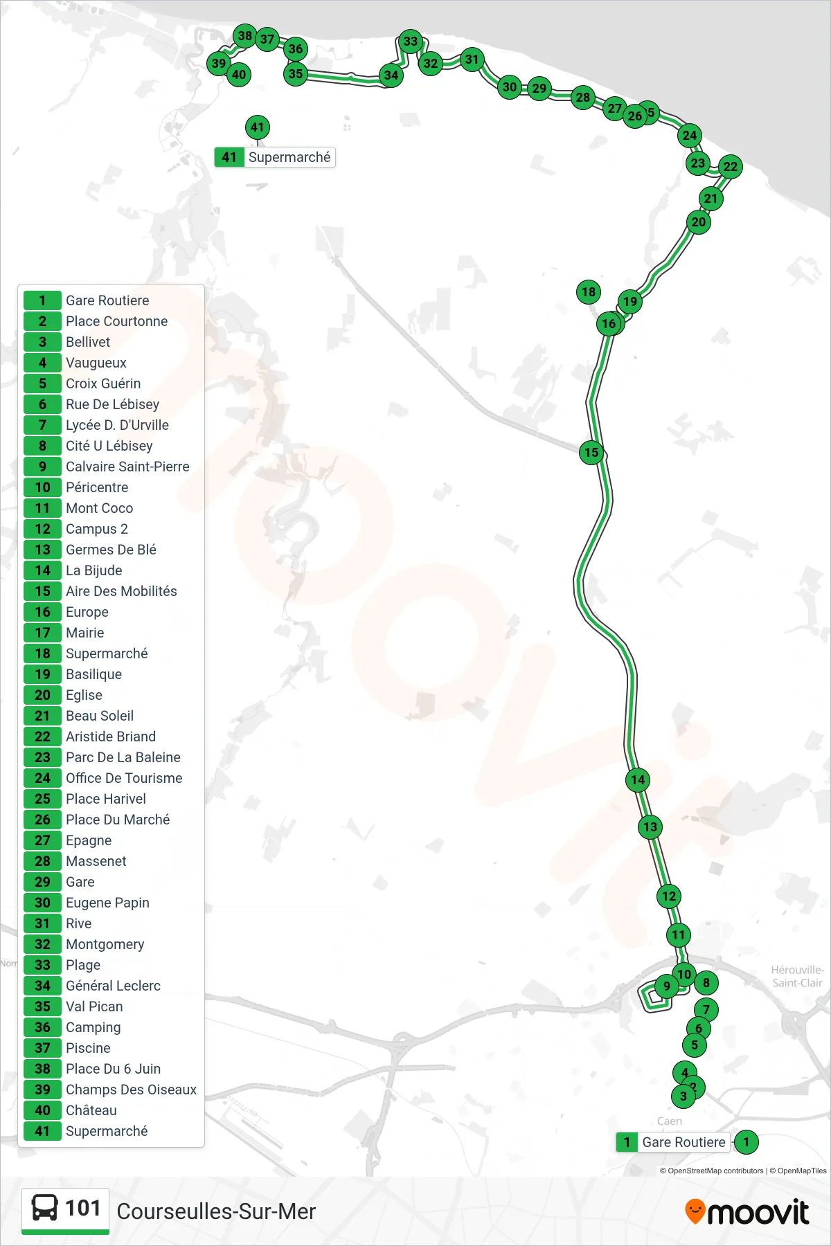 Tracé et arrêts de la ligne 101 de bus (Courseulles-Sur-Mer) sur une carte
