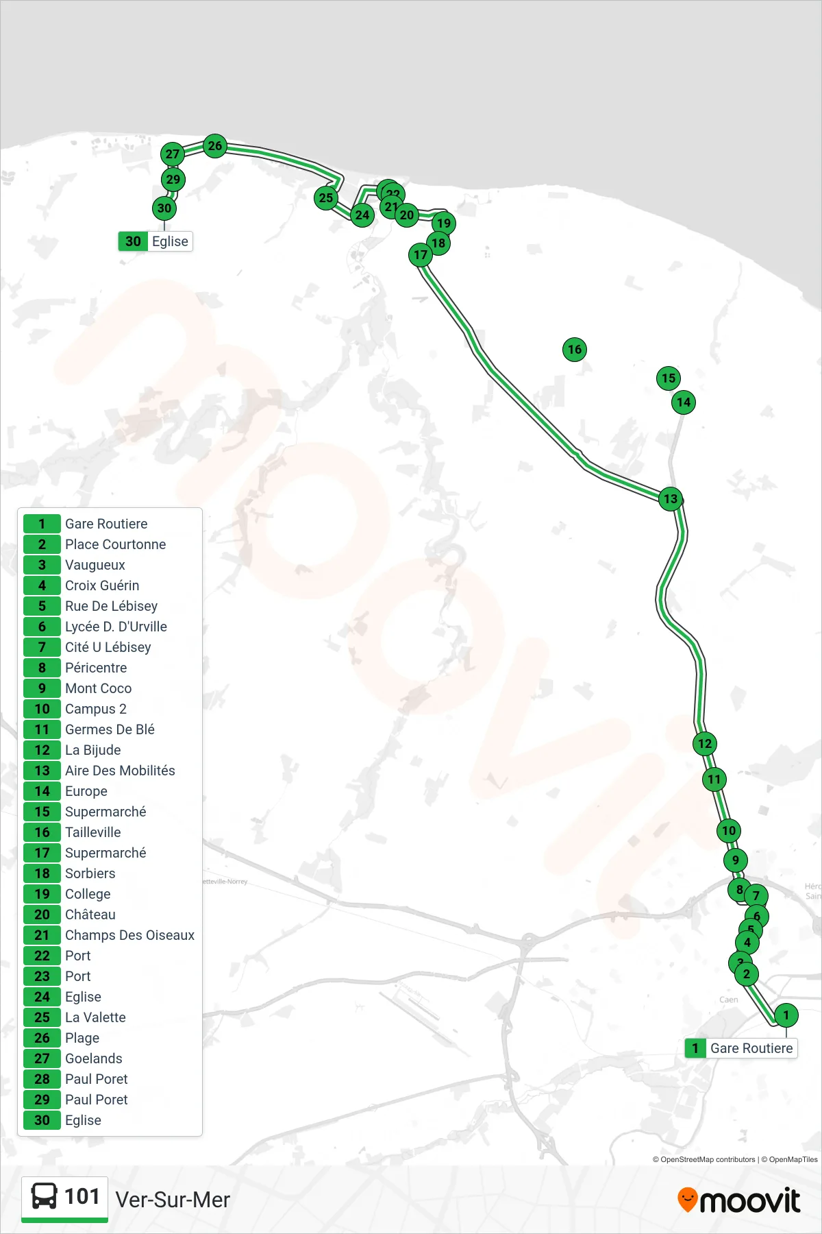 Tracé et arrêts de la ligne 101 de bus (Ver-Sur-Mer) sur une carte