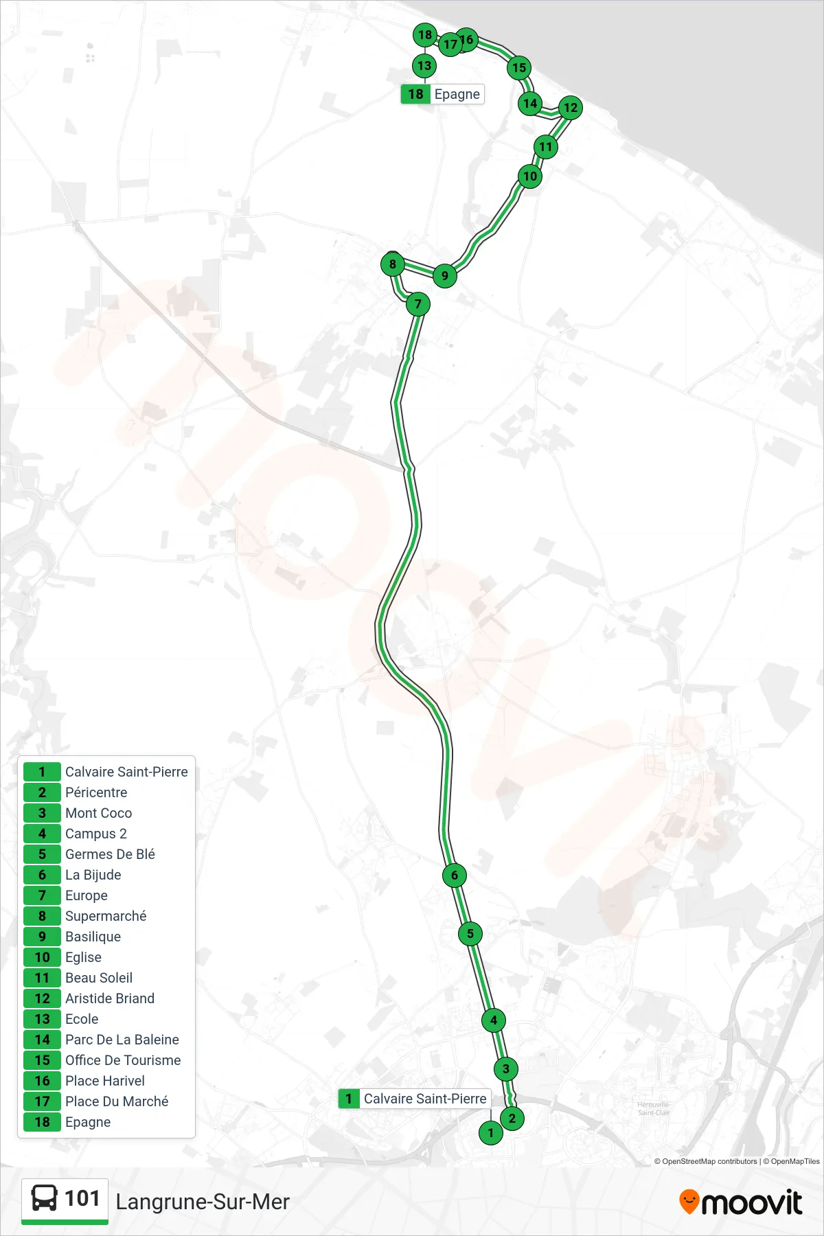 Tracé et arrêts de la ligne 101 de bus (Langrune-Sur-Mer) sur une carte