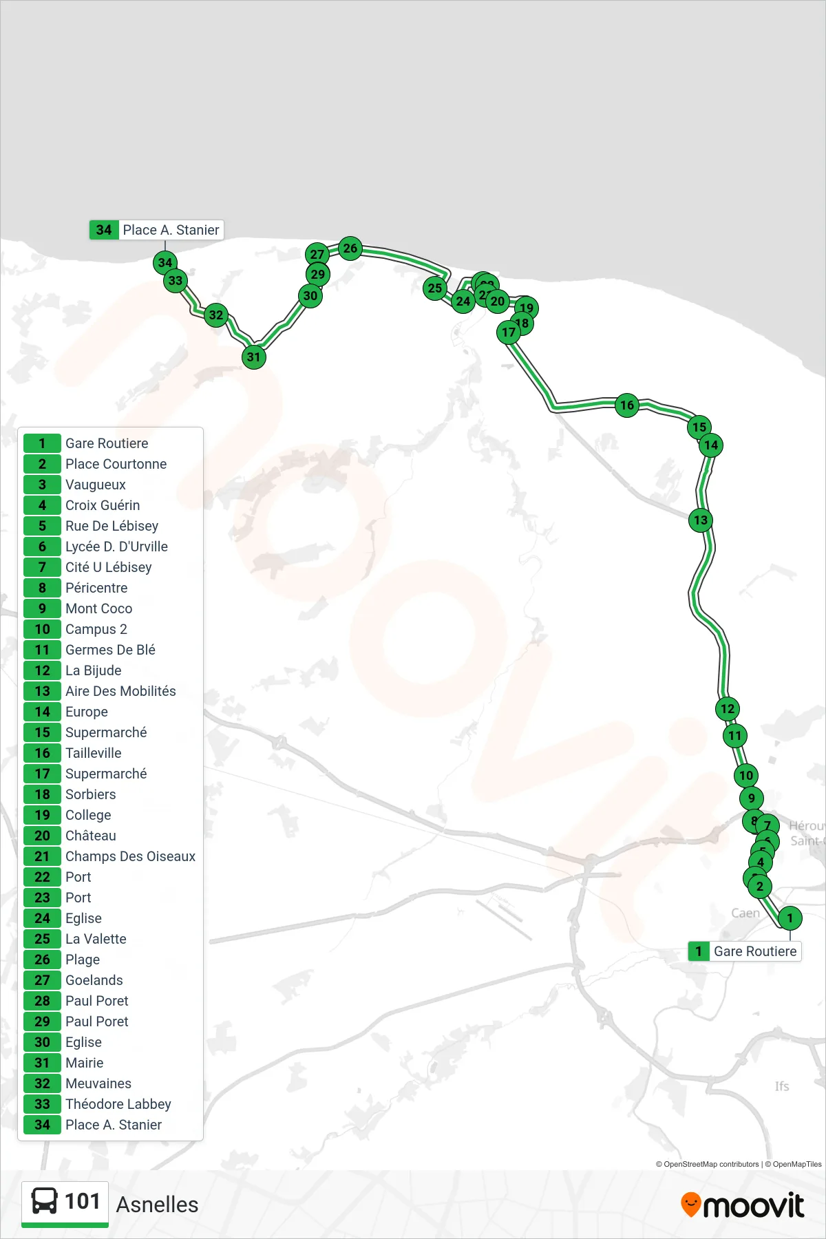 Tracé et arrêts de la ligne 101 de bus (Asnelles) sur une carte