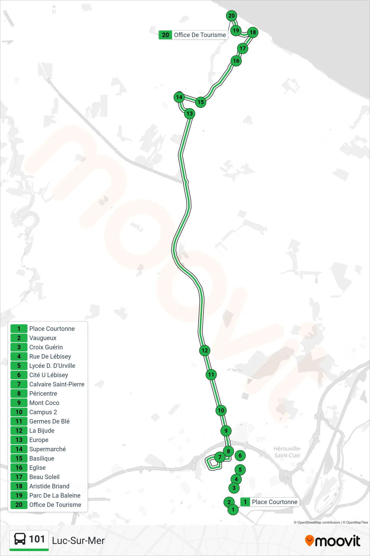 Tracé et arrêts de la ligne 101 de bus (Luc-Sur-Mer) sur une carte