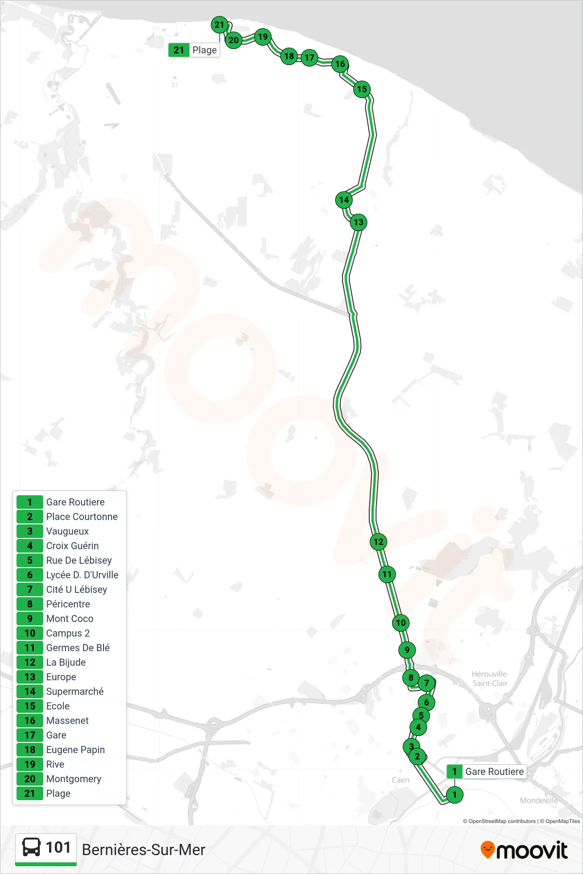 Tracé et arrêts de la ligne 101 de bus (Bernières-Sur-Mer) sur une carte