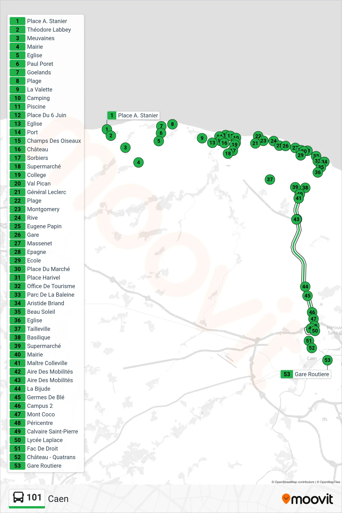 Tracé et arrêts de la ligne 101 de bus (Caen) sur une carte