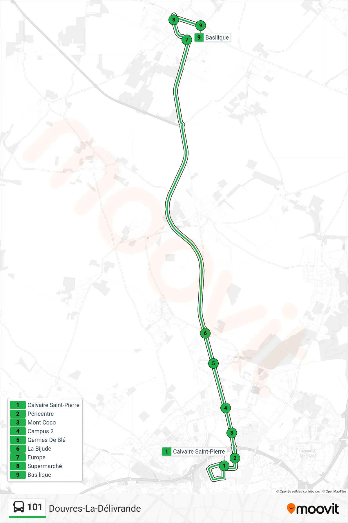 101 bus Line (Douvres-La-Délivrande) route and stops on a map