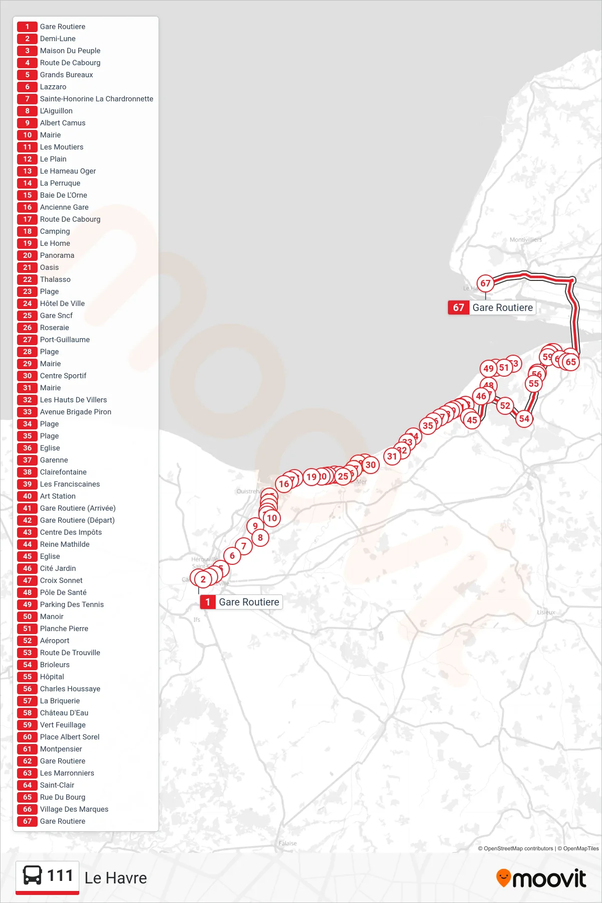 Recorrido y paradas de la línea 111 de autobús (Le Havre) en el mapa