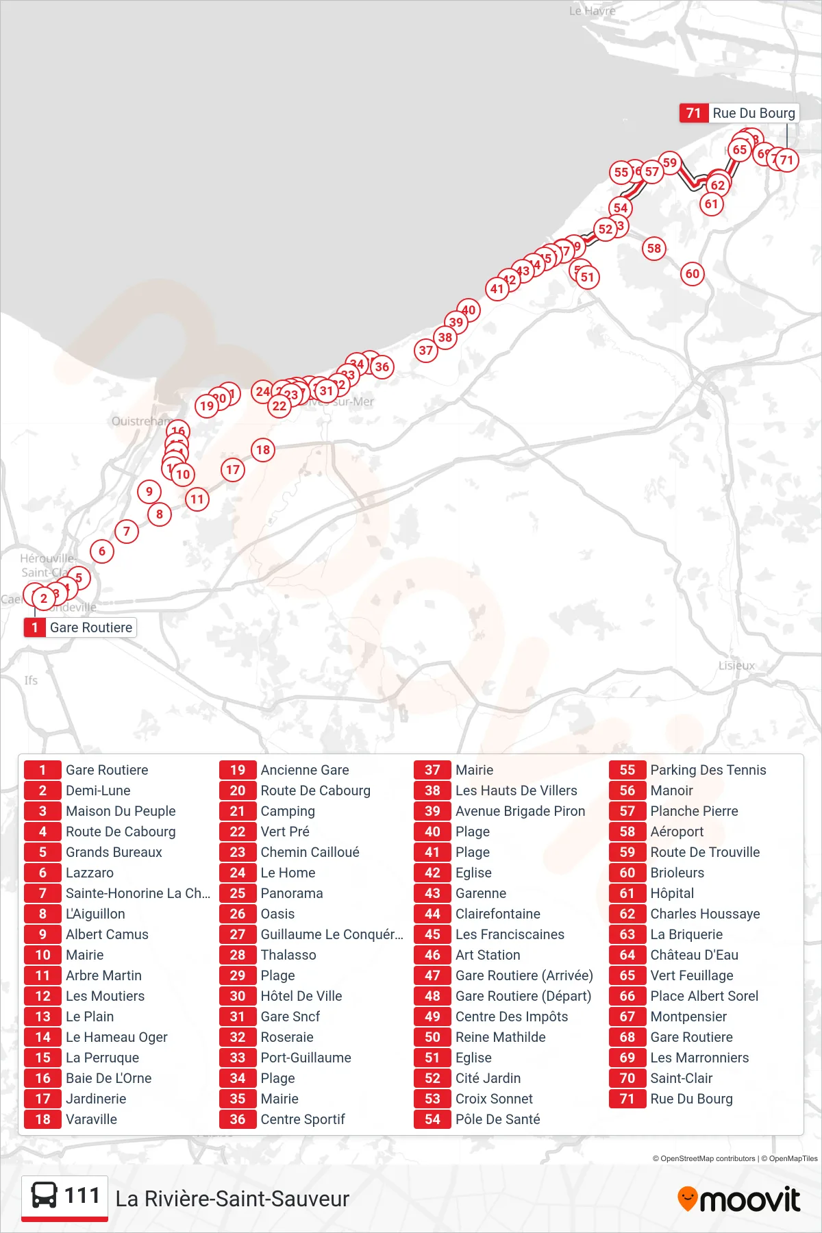 Recorrido y paradas de la línea 111 de autobús (La Rivière-Saint-Sauveur) en el mapa