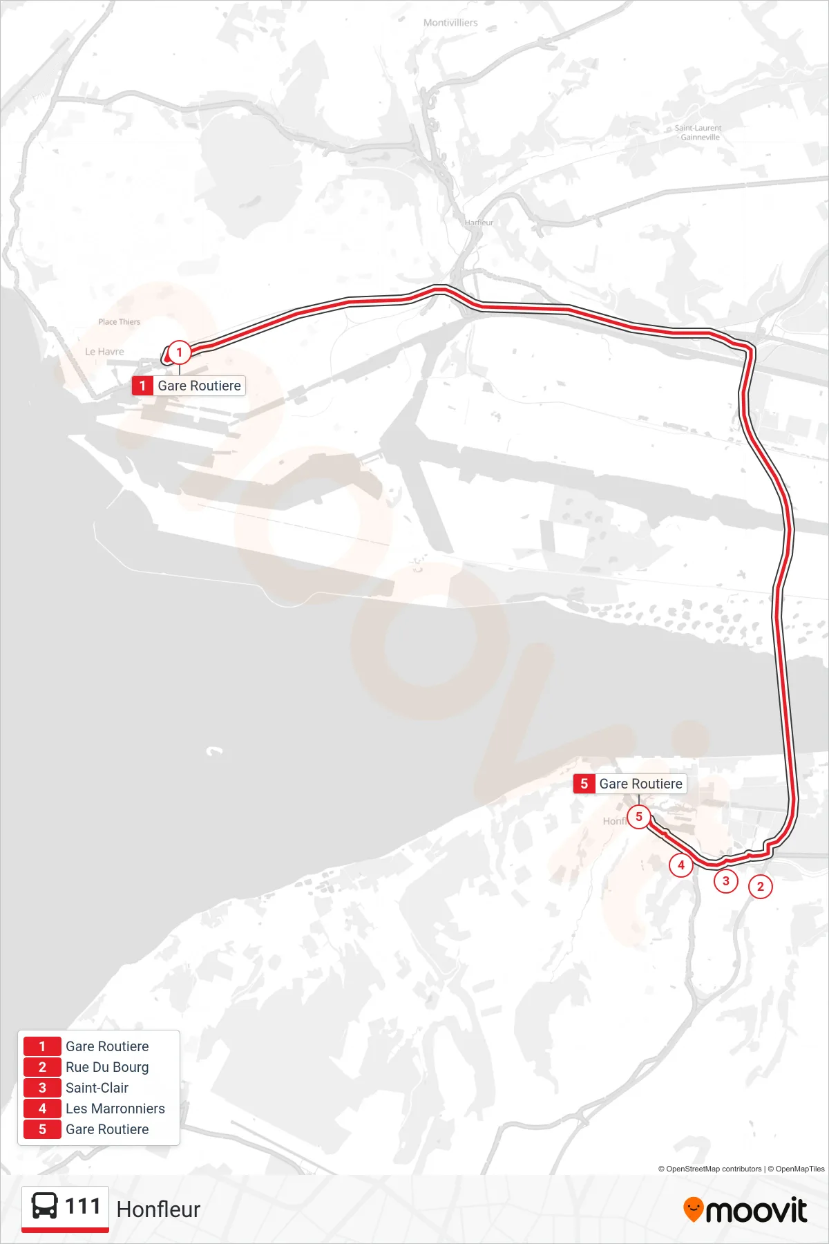 Tracé et arrêts de la ligne 111 de bus (Honfleur) sur une carte