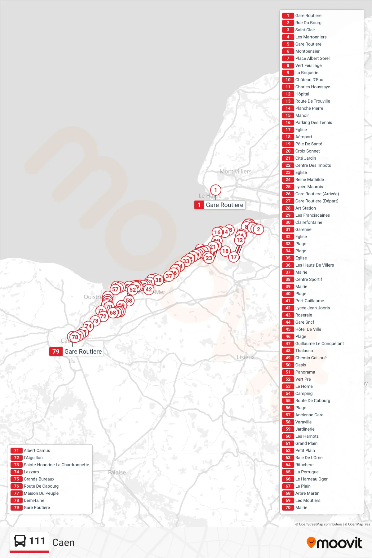 Tracé et arrêts de la ligne 111 de bus (Caen) sur une carte