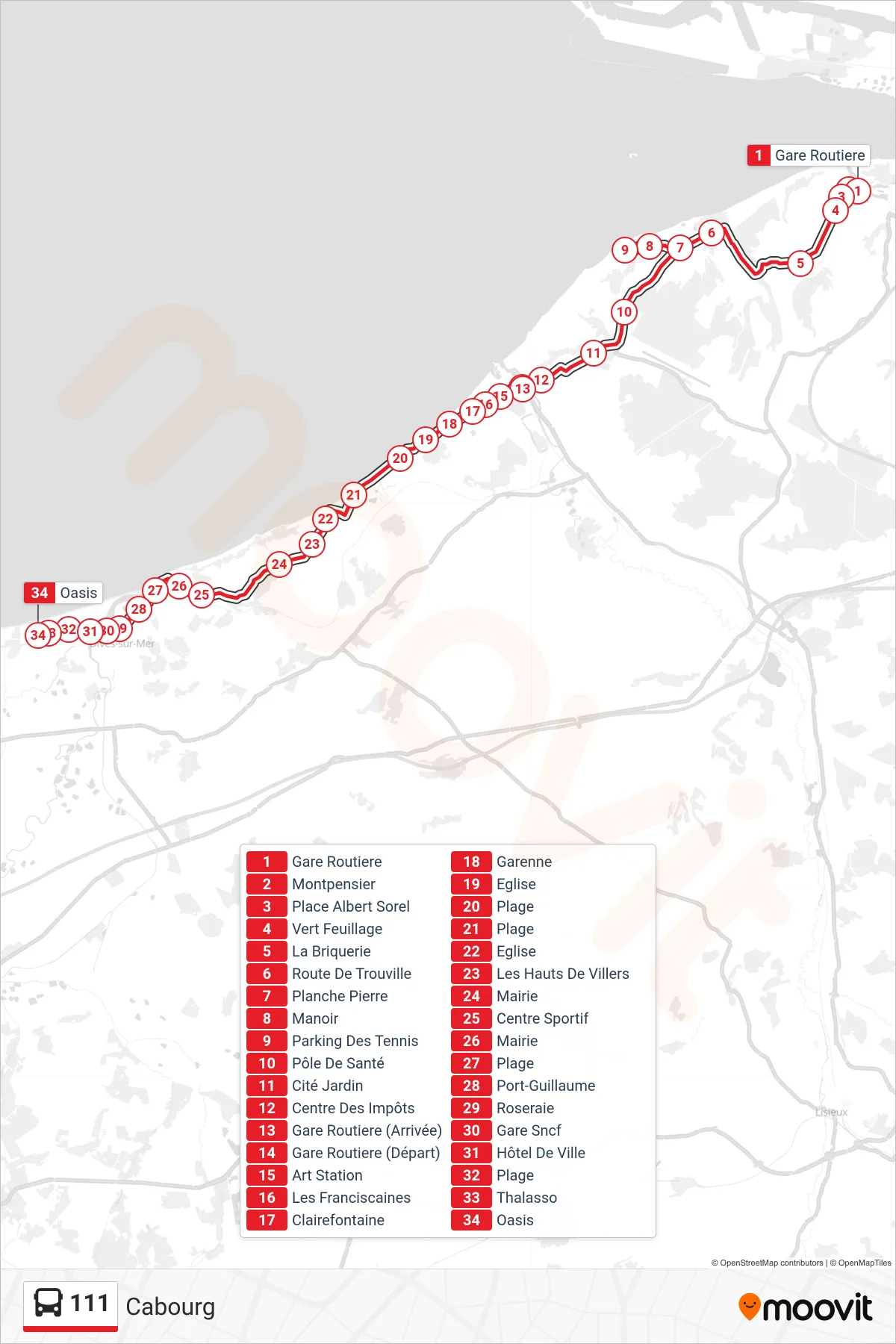 Recorrido y paradas de la línea 111 de autobús (Cabourg) en el mapa