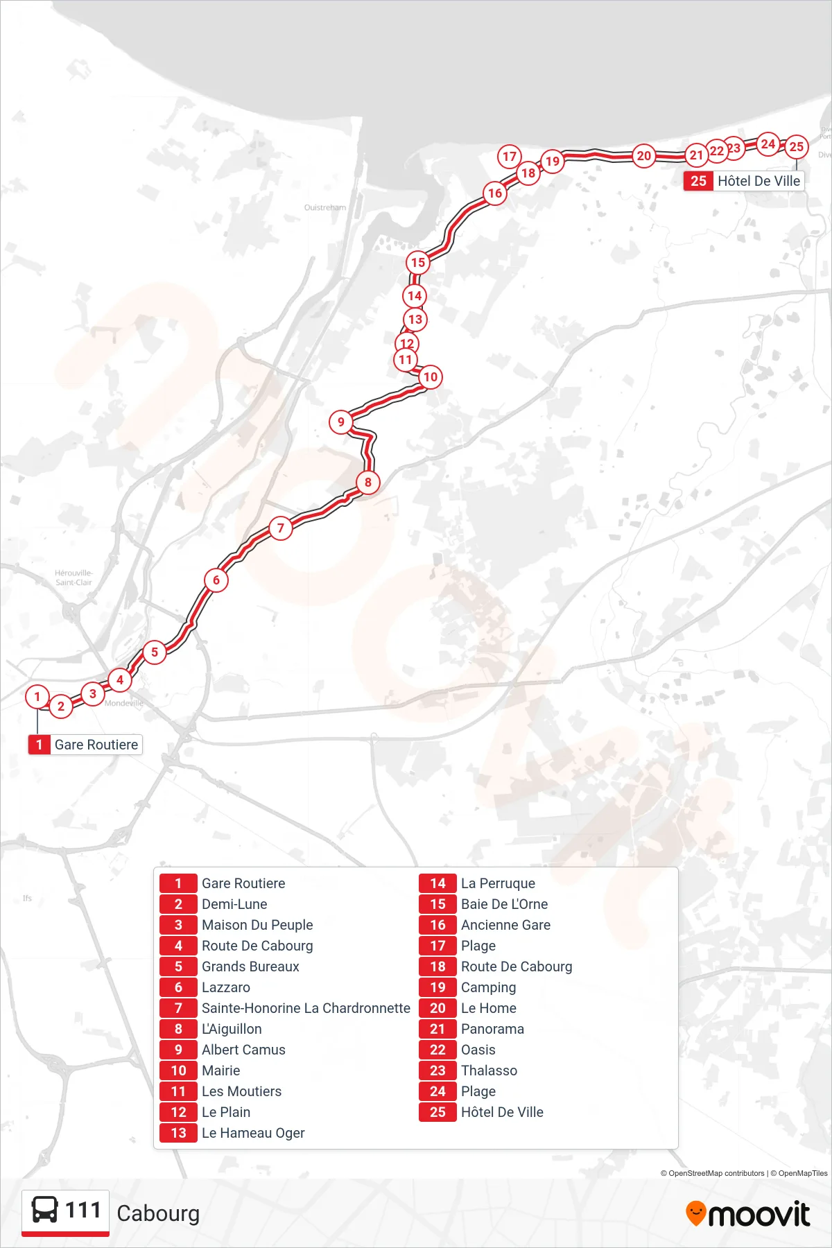 Recorrido y paradas de la línea 111 de autobús (Cabourg) en el mapa