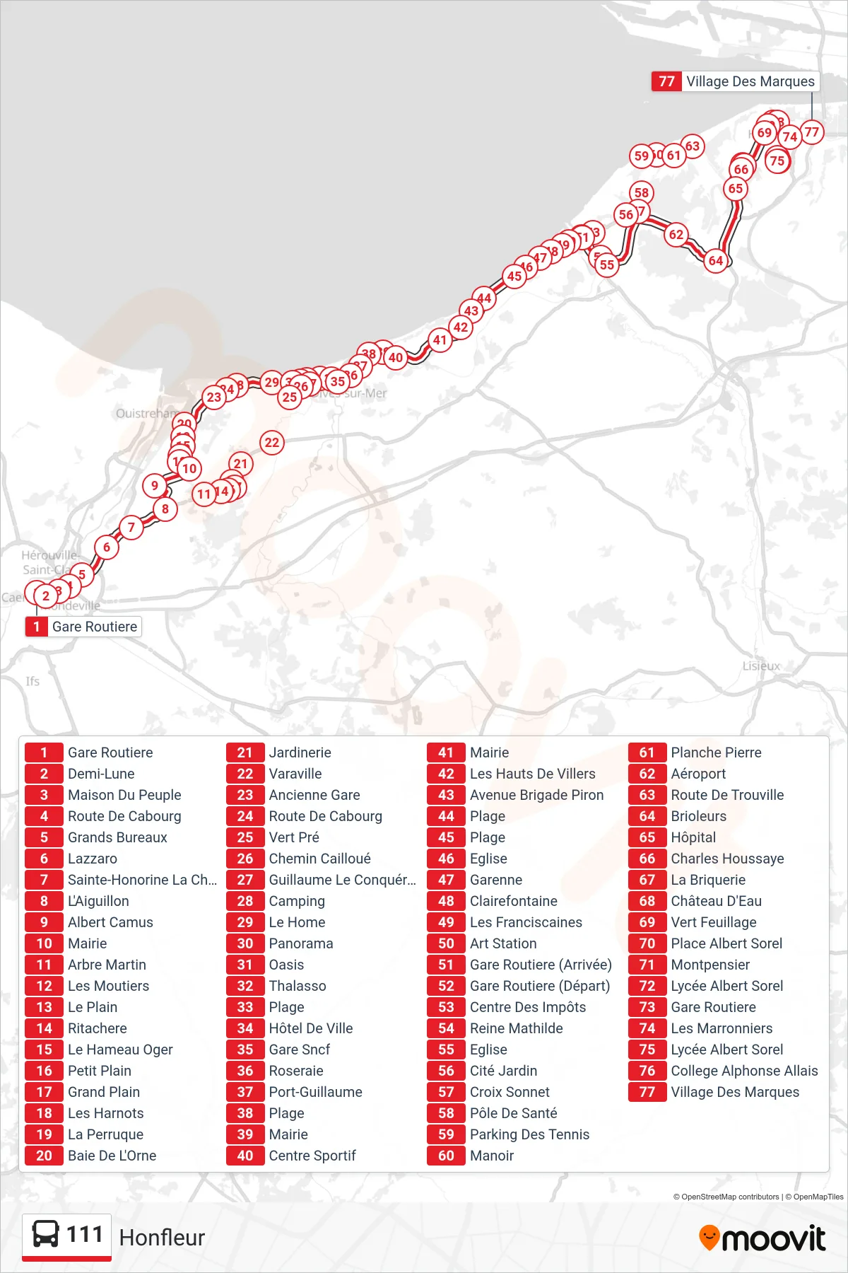 Tracé et arrêts de la ligne 111 de bus (Honfleur) sur une carte