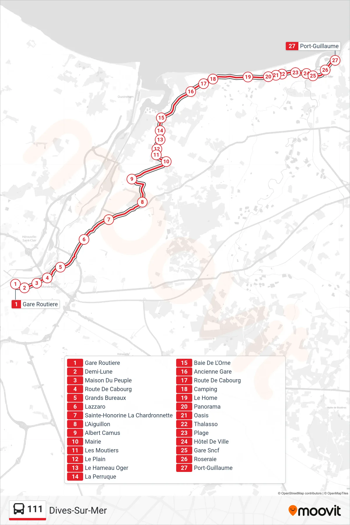 Tracé et arrêts de la ligne 111 de bus (Dives-Sur-Mer) sur une carte