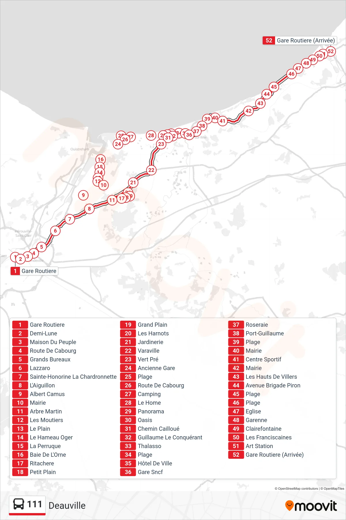 Tracé et arrêts de la ligne 111 de bus (Deauville) sur une carte