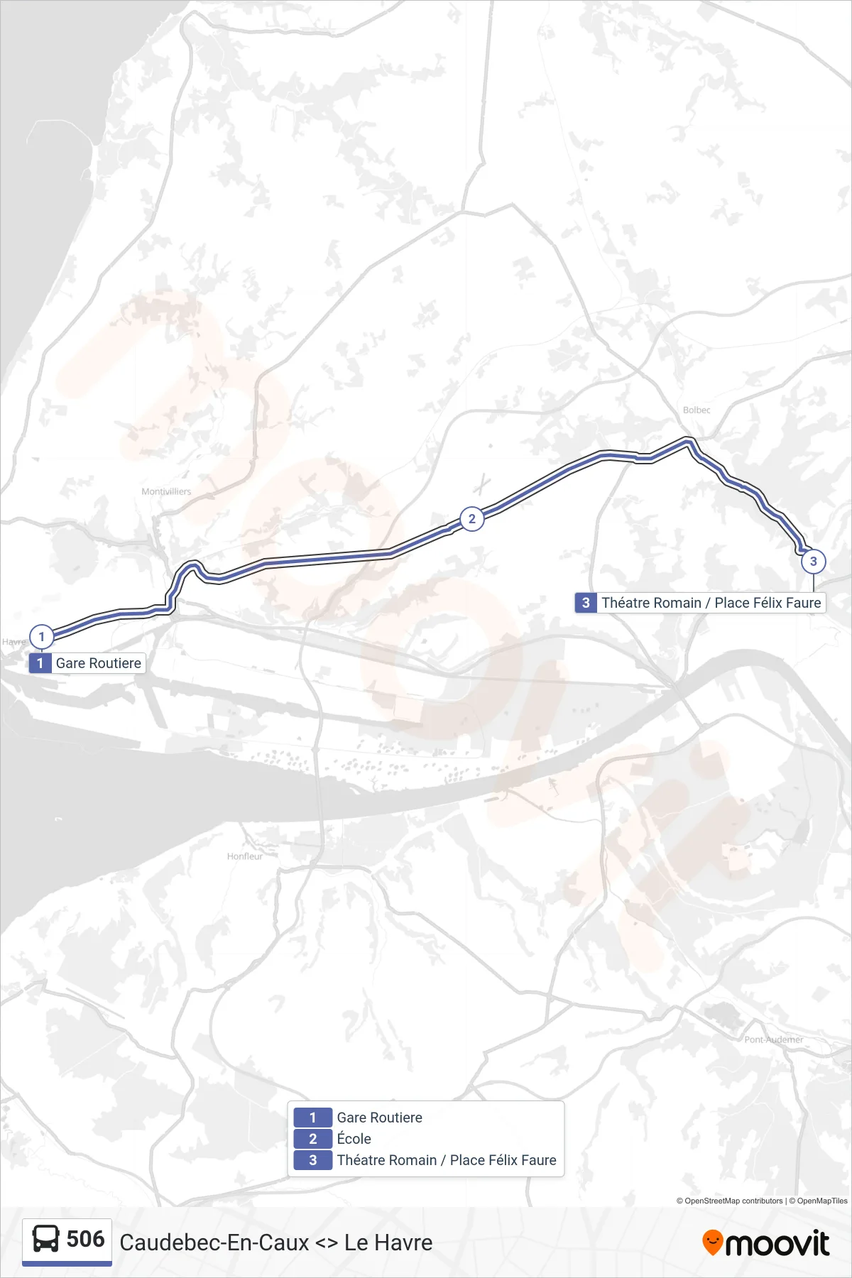 Tracé et arrêts de la ligne 506 de bus (Lillebonne) sur une carte