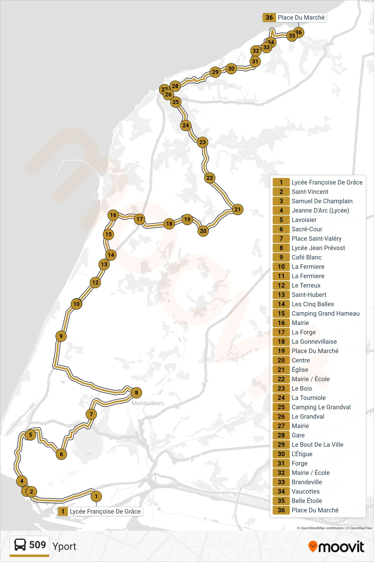 Tracé et arrêts de la ligne 509 de bus (Yport) sur une carte
