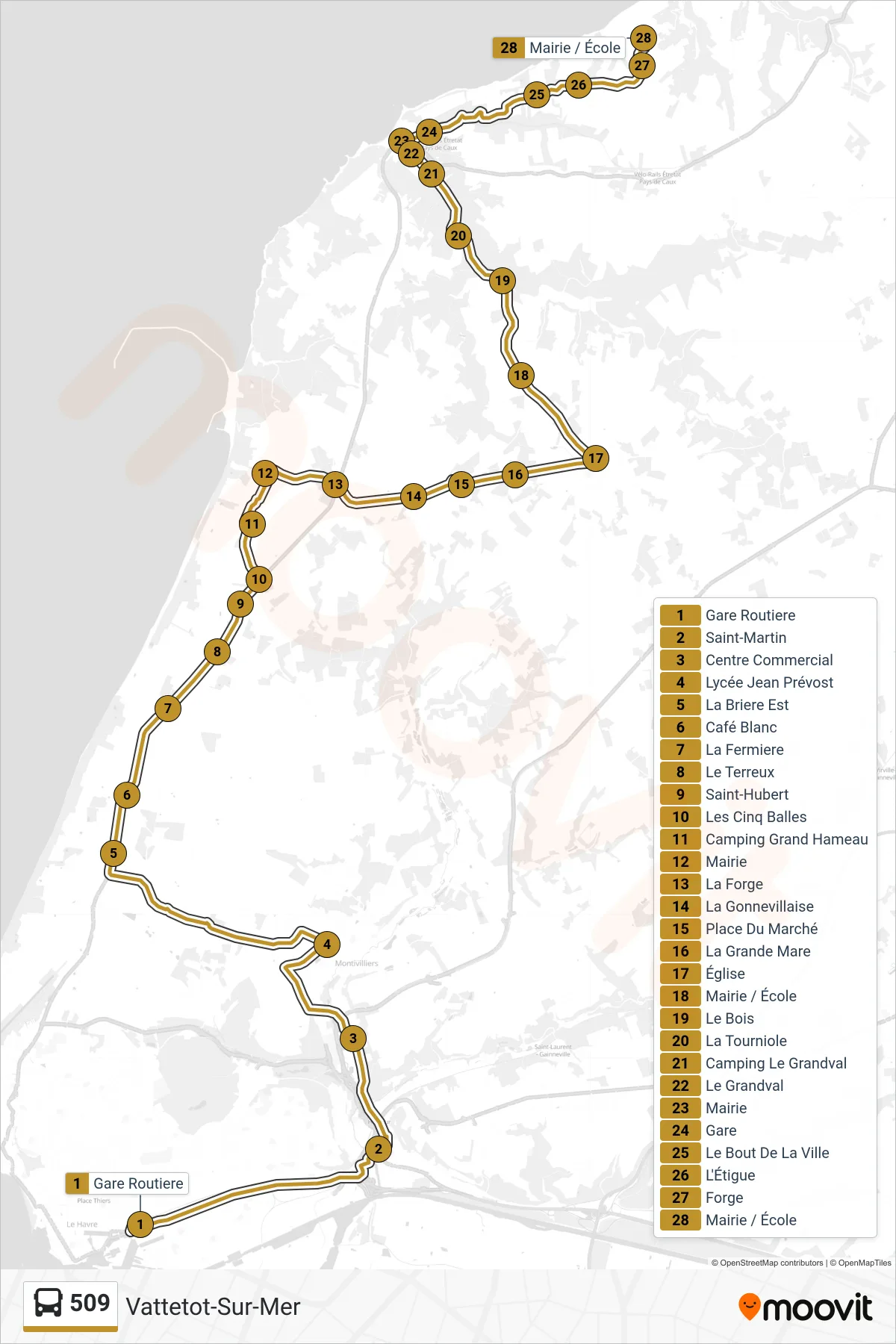 Tracé et arrêts de la ligne 509 de bus (Vattetot-Sur-Mer) sur une carte