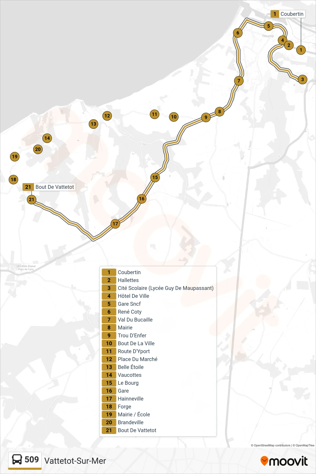 Tracé et arrêts de la ligne 509 de bus (Vattetot-Sur-Mer) sur une carte