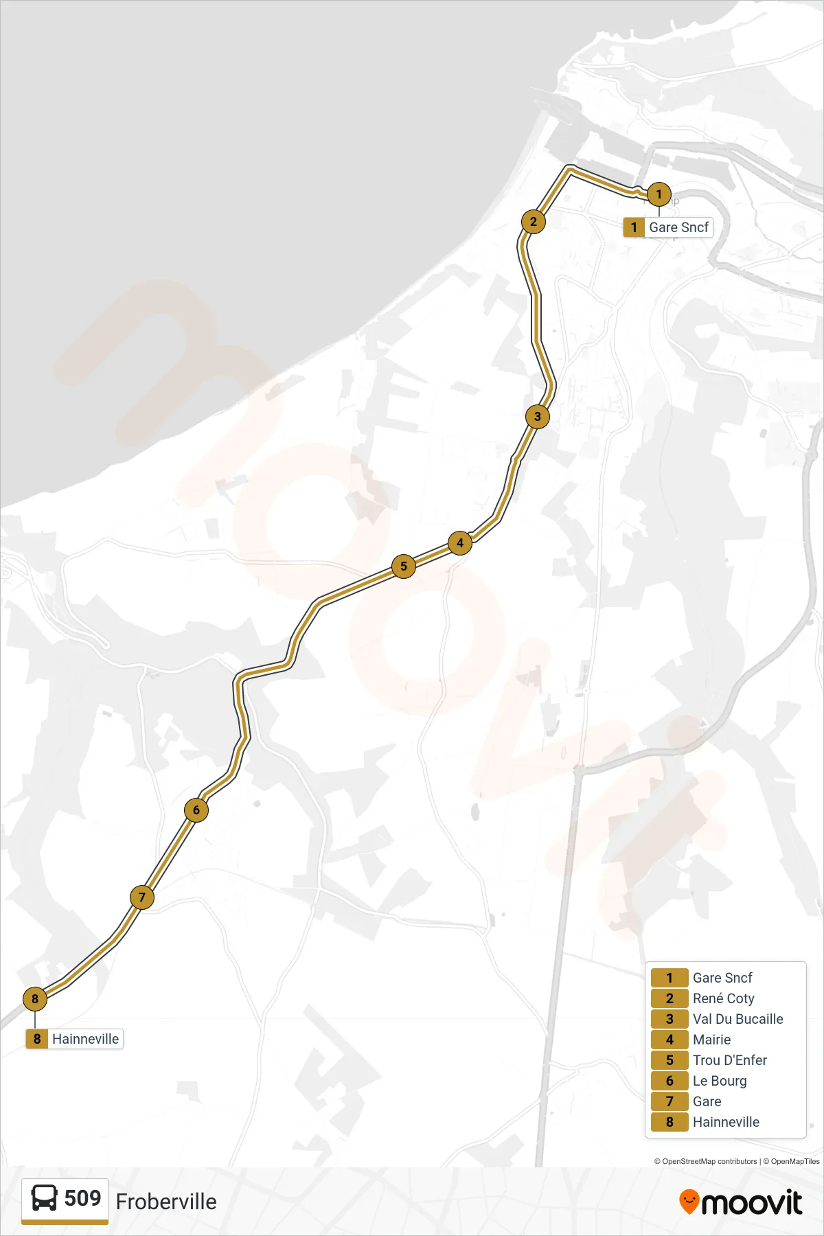 Tracé et arrêts de la ligne 509 de bus (Froberville) sur une carte