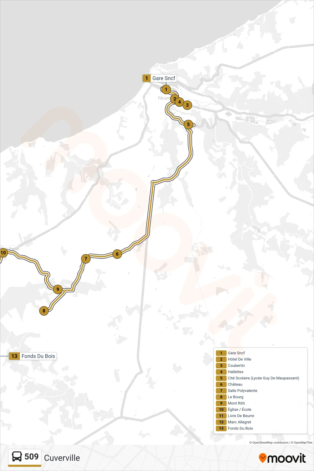 Tracé et arrêts de la ligne 509 de bus (Cuverville) sur une carte
