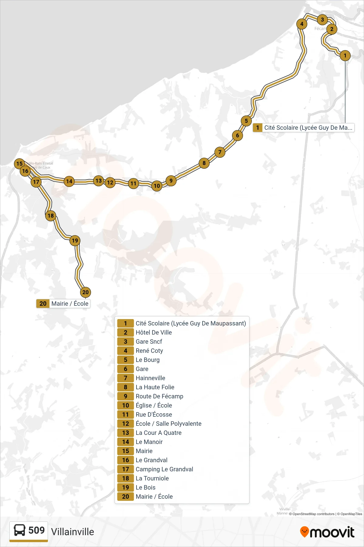 Tracé et arrêts de la ligne 509 de bus (Villainville) sur une carte