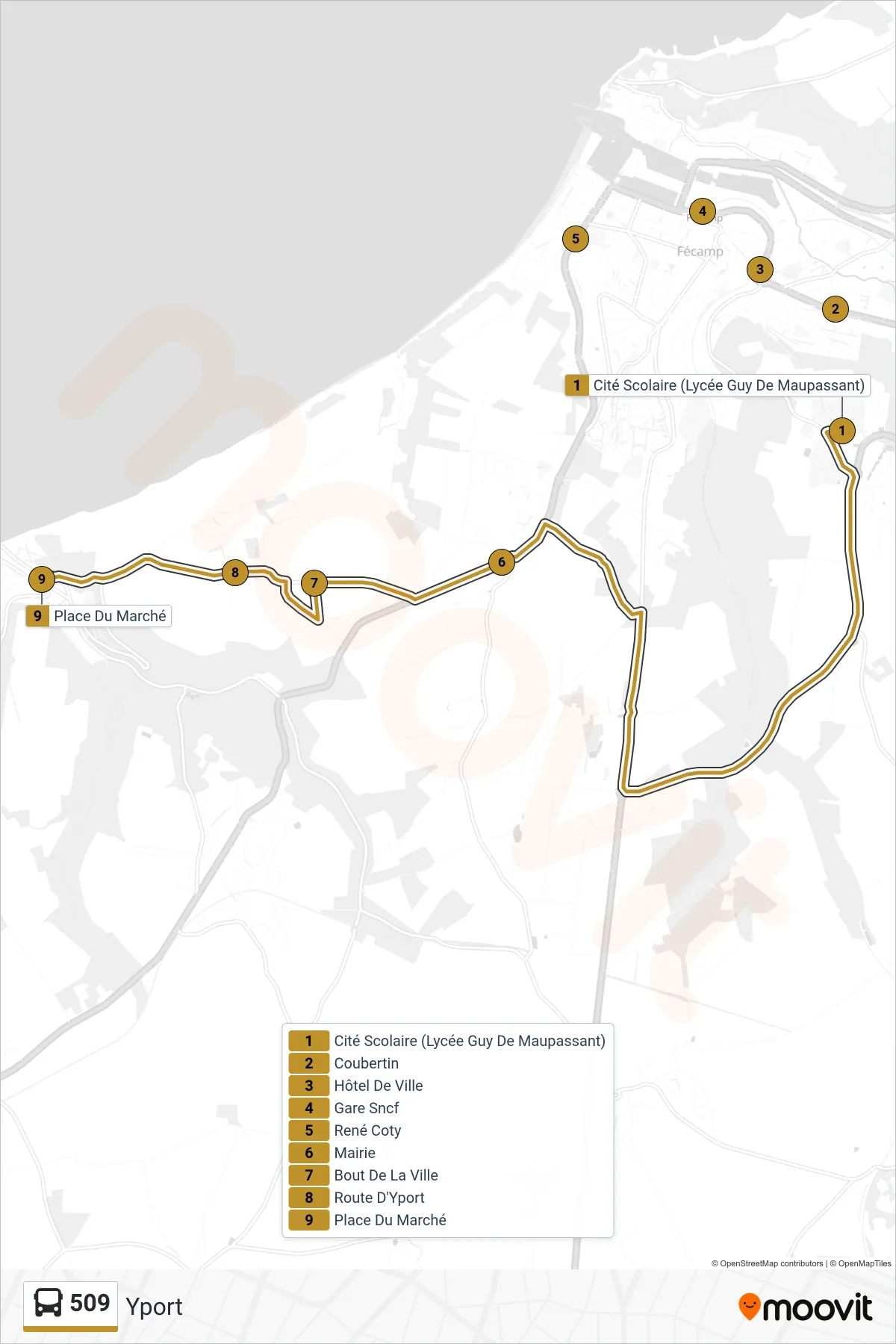509 bus Line (Yport) route and stops on a map