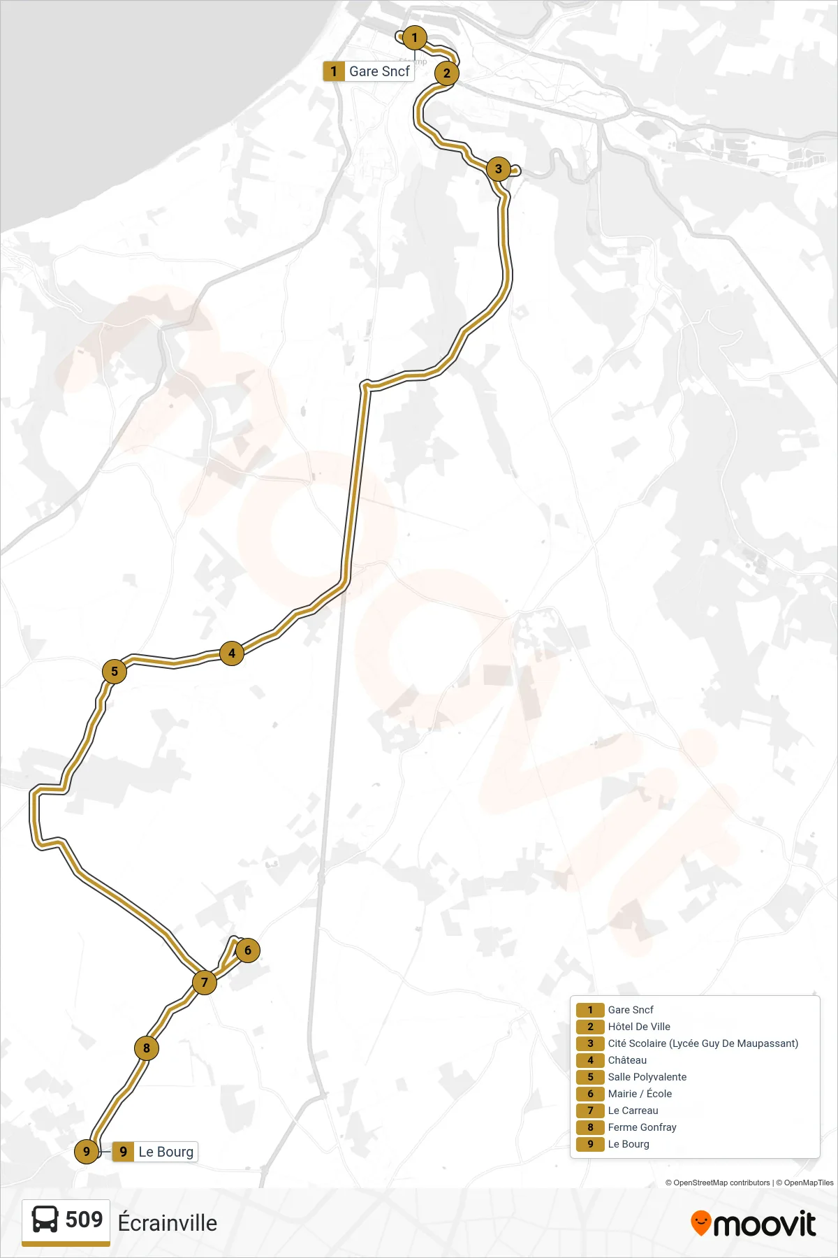 Tracé et arrêts de la ligne 509 de bus (Écrainville) sur une carte