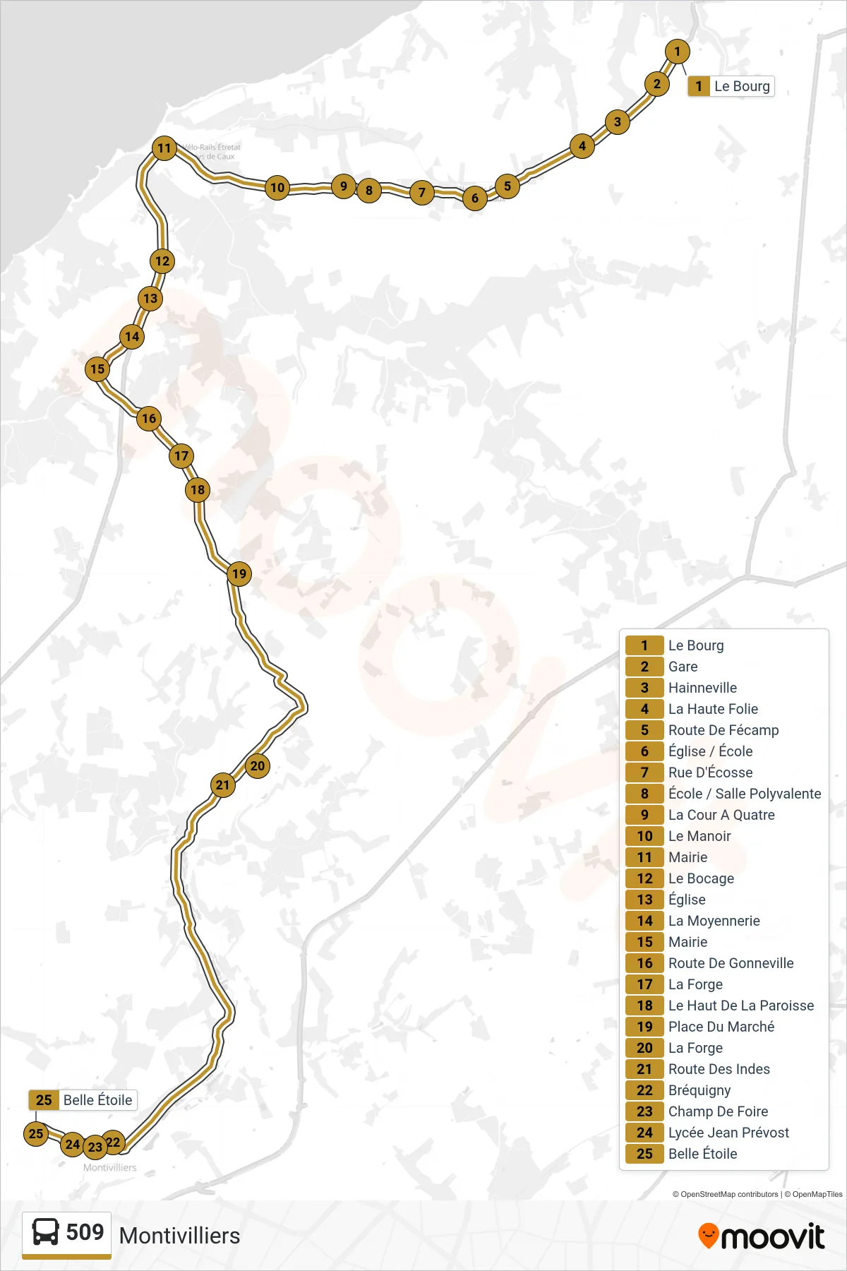 Tracé et arrêts de la ligne 509 de bus (Montivilliers) sur une carte