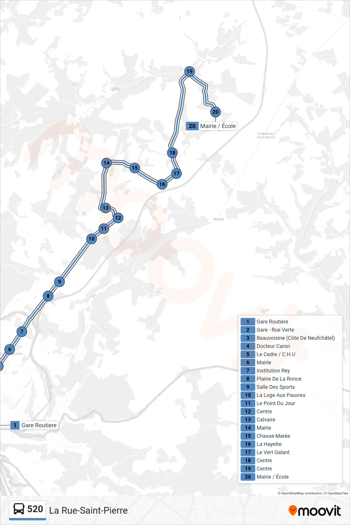 Tracé et arrêts de la ligne 520 de bus (La Rue-Saint-Pierre) sur une carte