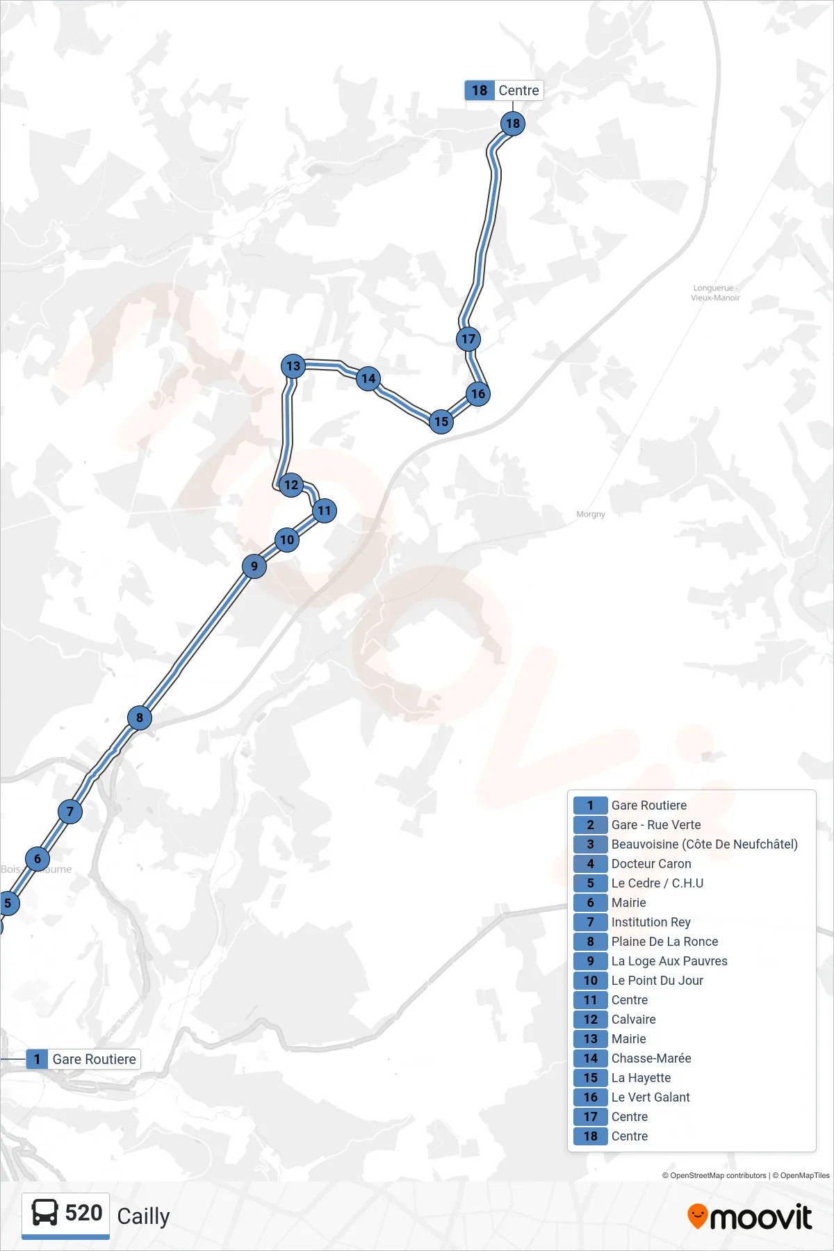 Tracé et arrêts de la ligne 520 de bus (Cailly) sur une carte