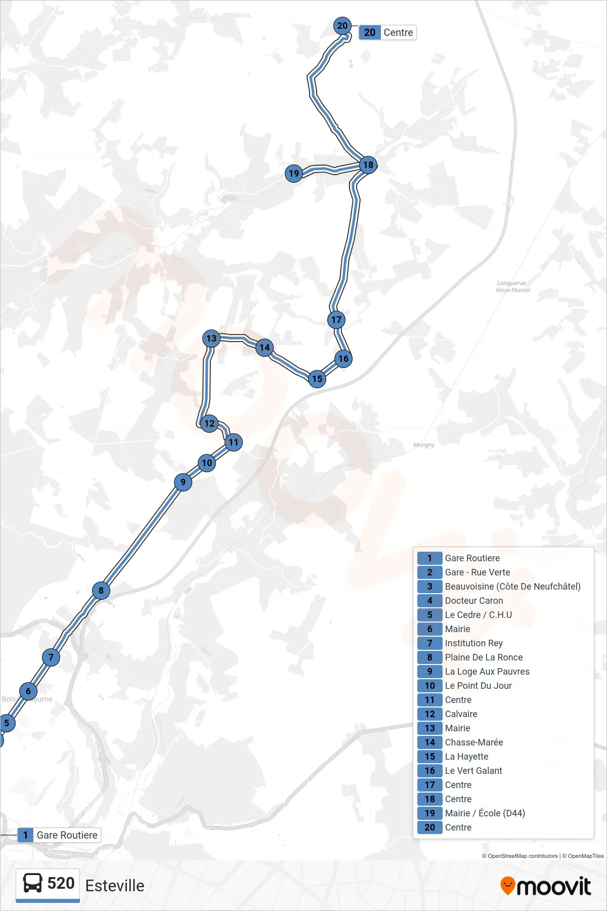 Tracé et arrêts de la ligne 520 de bus (Esteville) sur une carte
