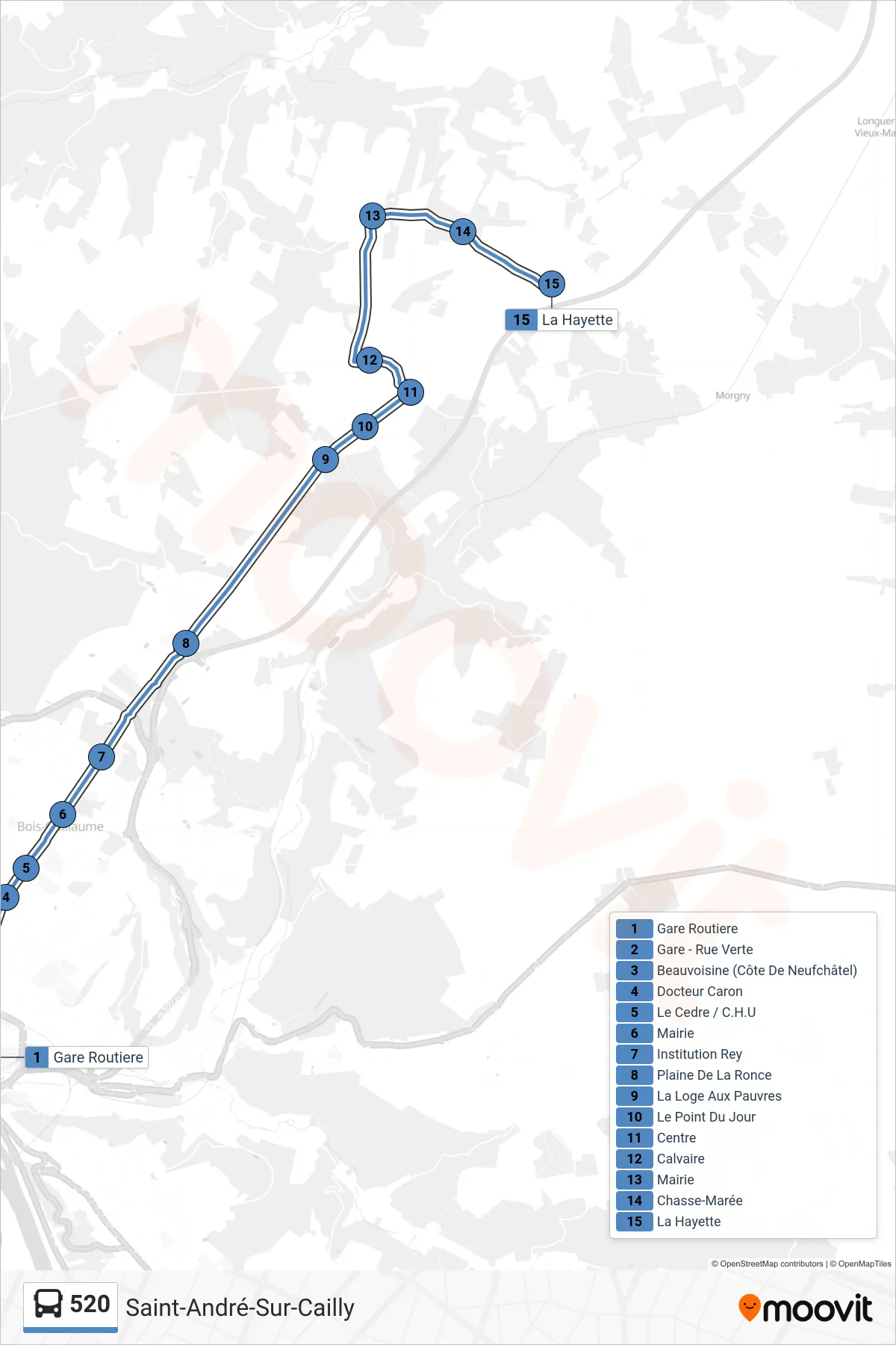 Tracé et arrêts de la ligne 520 de bus (Saint-André-Sur-Cailly) sur une carte