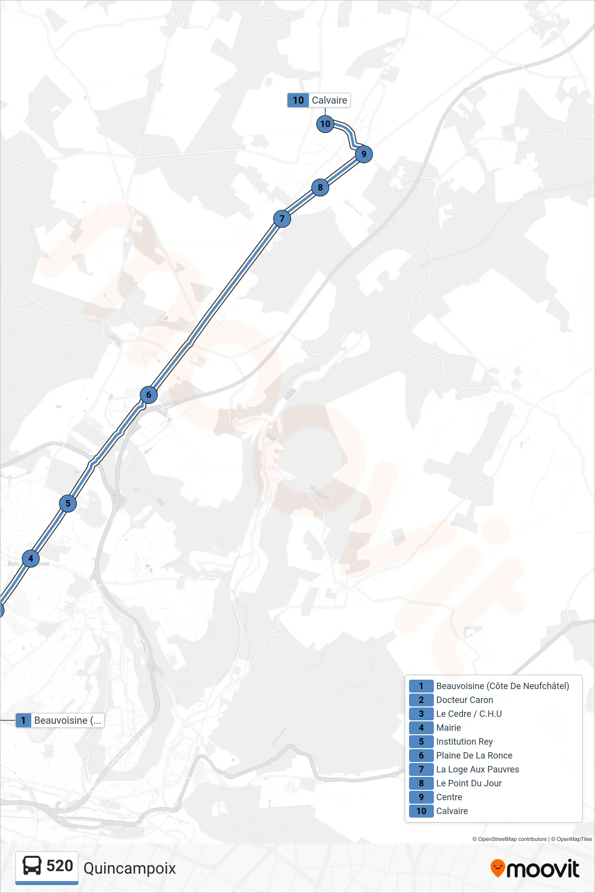 Tracé et arrêts de la ligne 520 de bus (Quincampoix) sur une carte