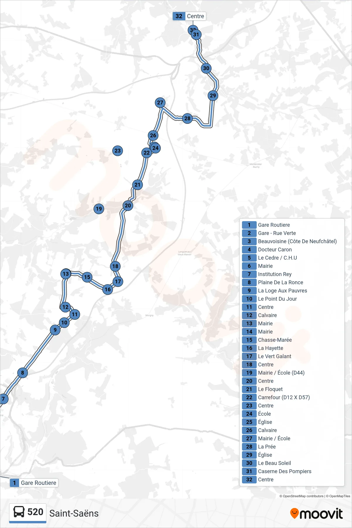 Tracé et arrêts de la ligne 520 de bus (Saint-Saëns) sur une carte