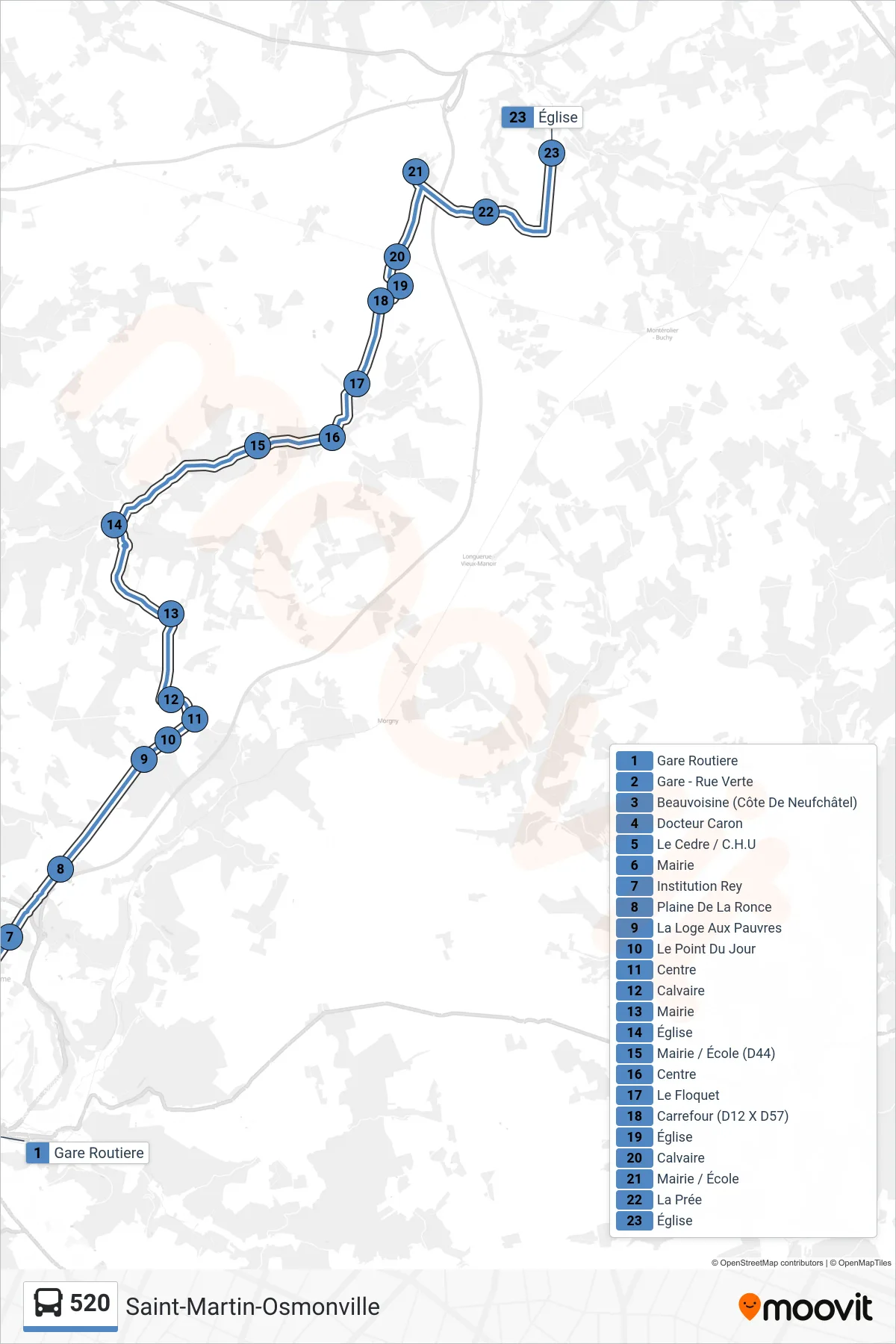 Tracé et arrêts de la ligne 520 de bus (Saint-Martin-Osmonville) sur une carte