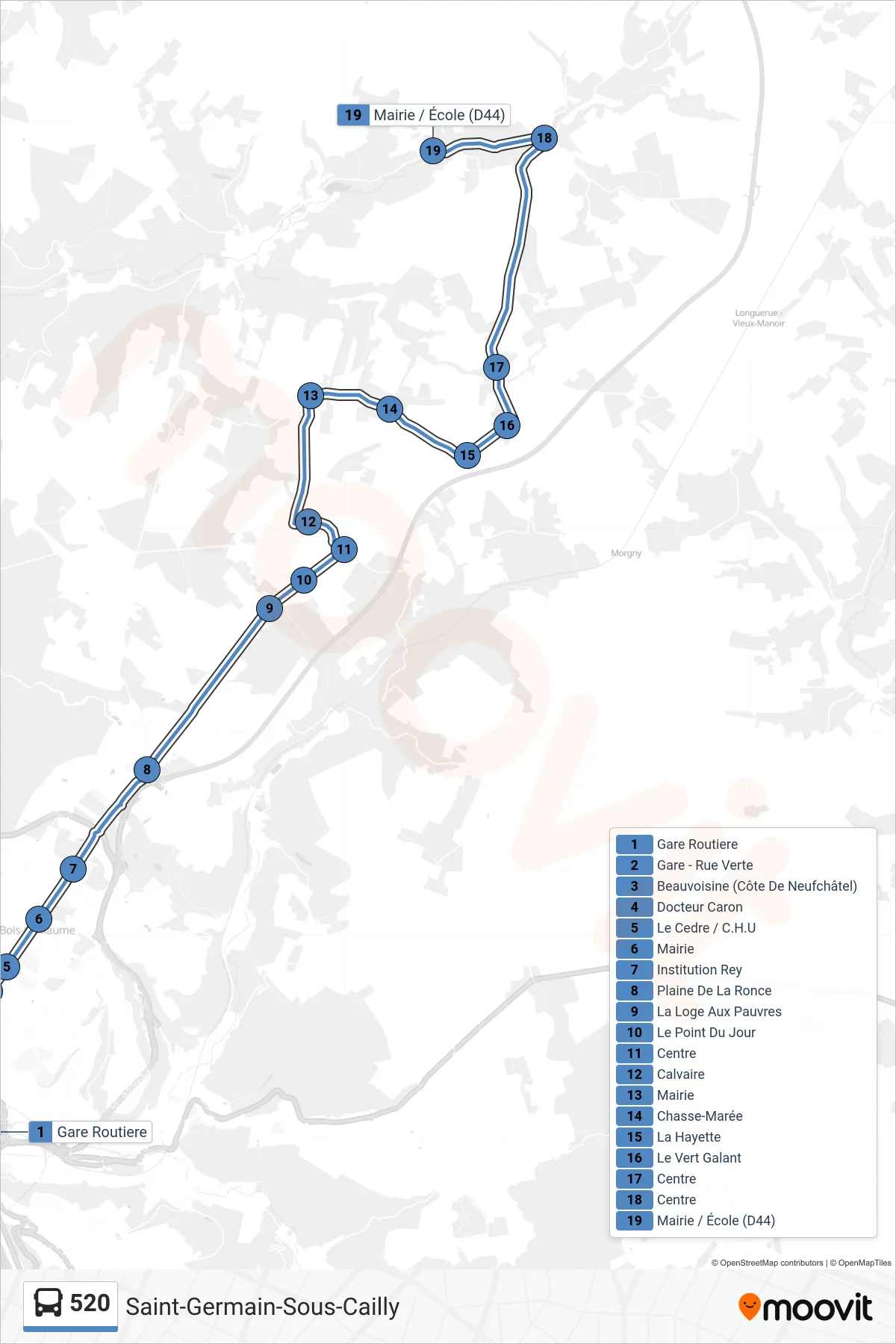 Tracé et arrêts de la ligne 520 de bus (Saint-Germain-Sous-Cailly) sur une carte
