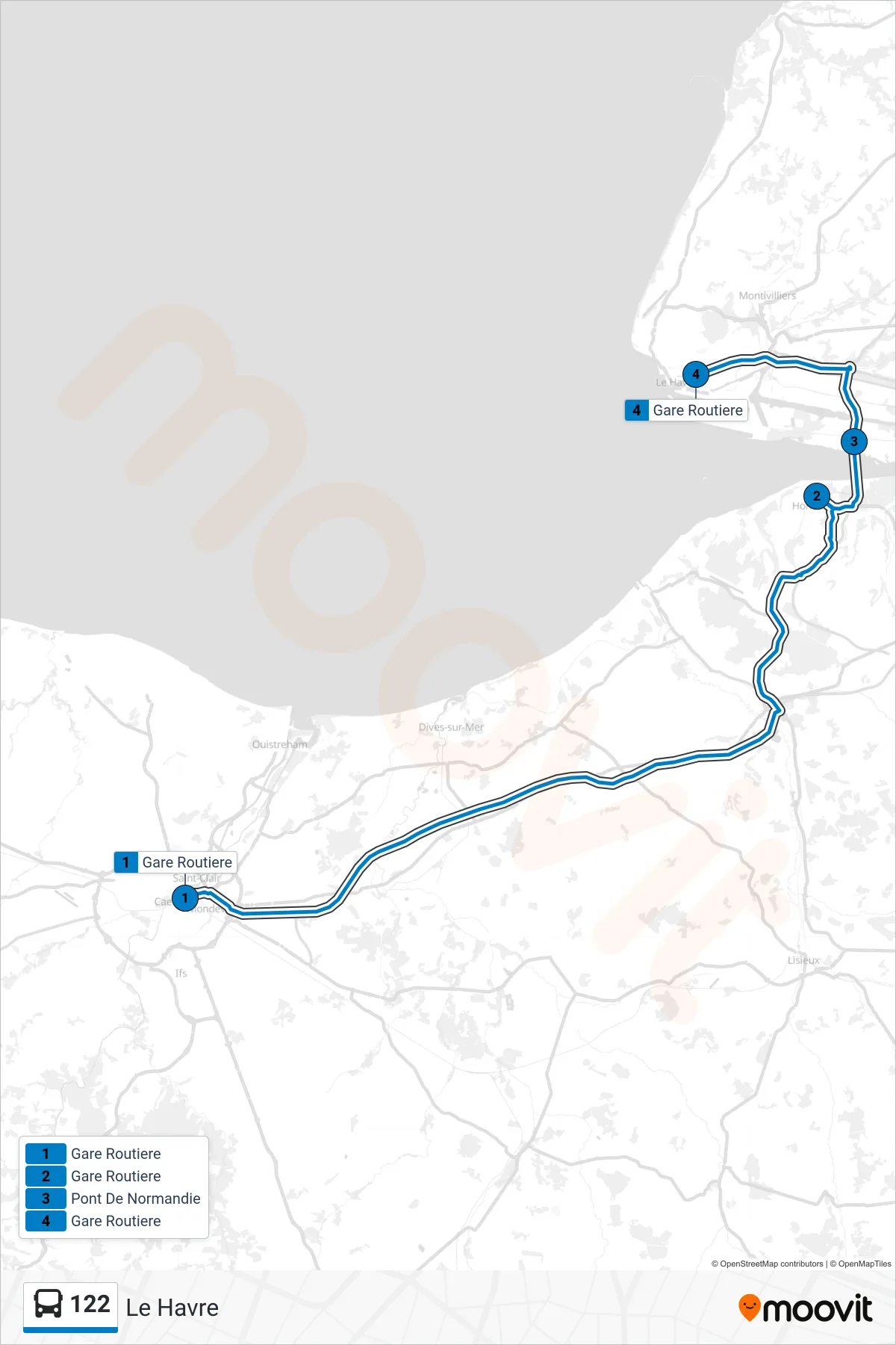Tracé et arrêts de la ligne 122 de bus (Le Havre) sur une carte