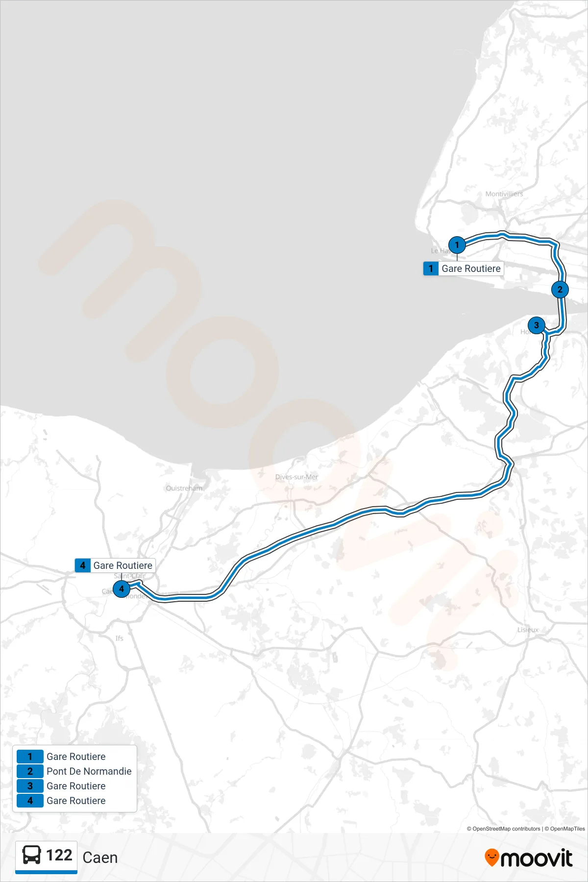 Tracé et arrêts de la ligne 122 de bus (Caen) sur une carte